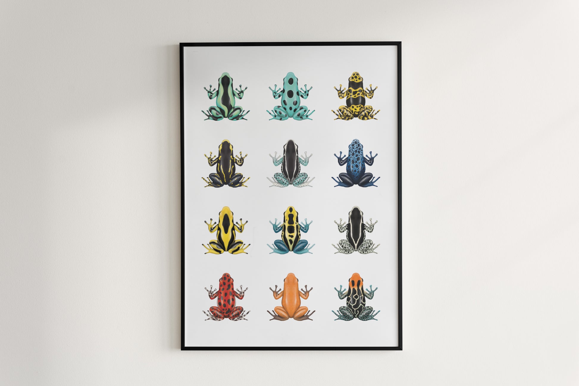 Poison Dart Frog Series 1 art poster by The Silk Ranch featuring vibrant, detailed illustrations of colorful poison dart frogs.