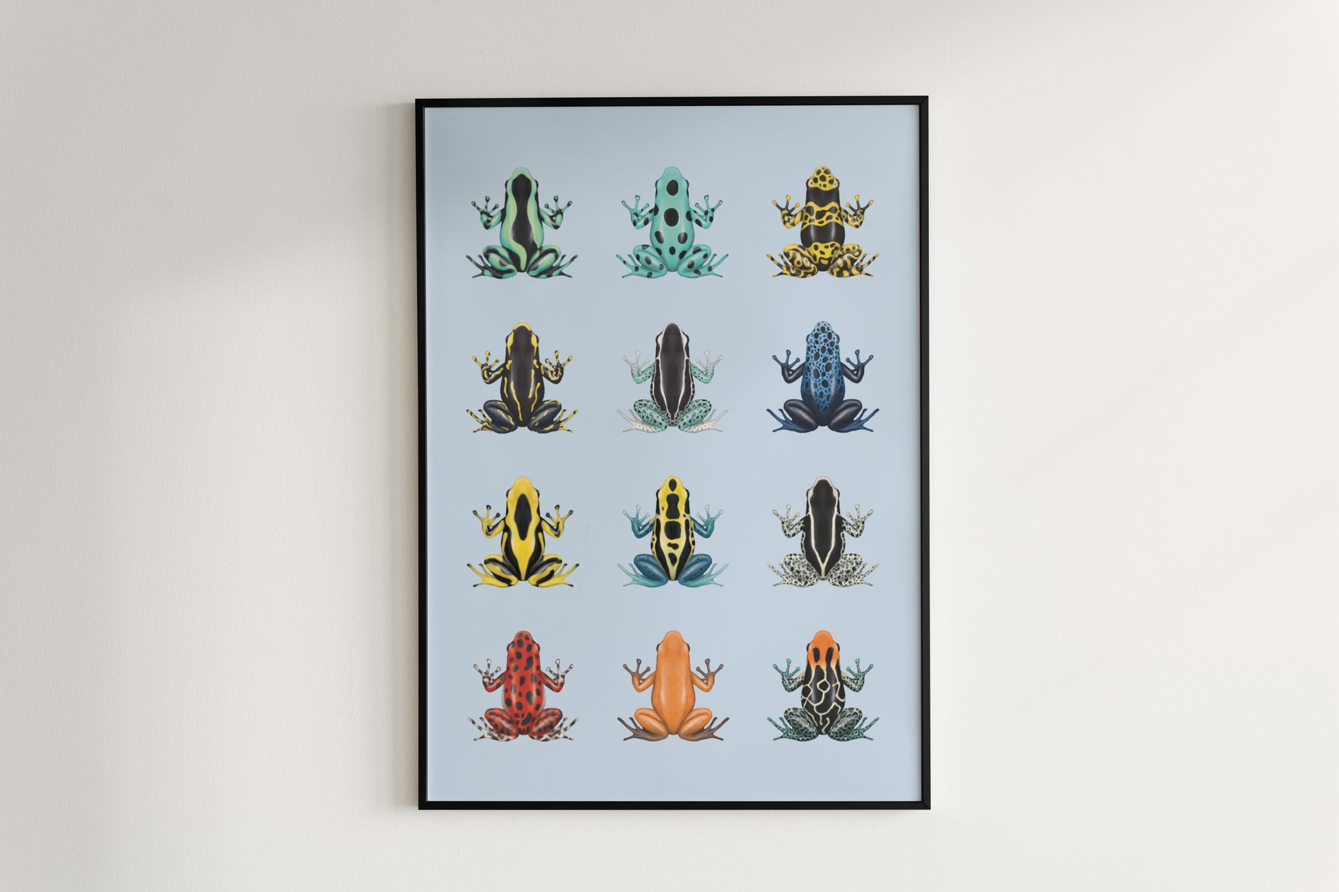 Poison Dart Frog Series 1 art poster by The Silk Ranch featuring vibrant, detailed illustrations of colorful poison dart frogs.