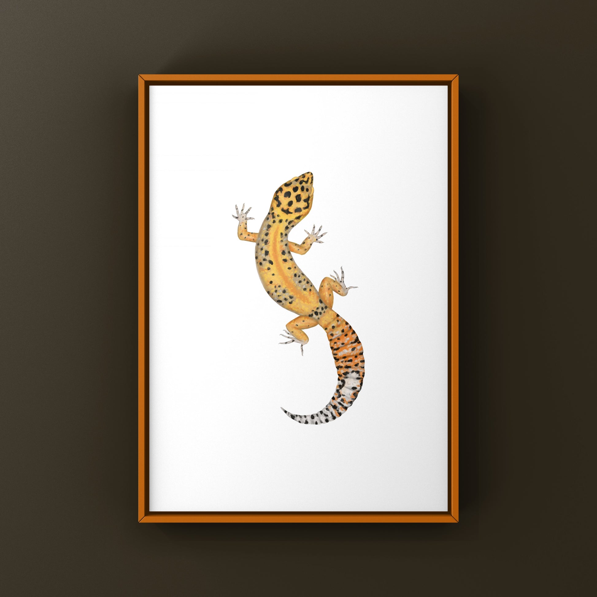 Leopard gecko art print by The Silk Ranch featuring detailed, vibrant illustrations of a leopard gecko on high-quality paper.