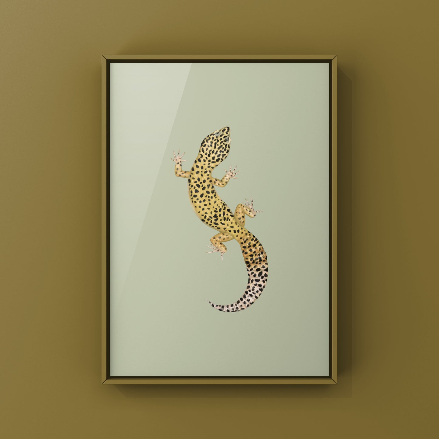 Leopard Gecko art print by The Silk Ranch showcasing detailed illustration of Eublepharis macularius on white background.