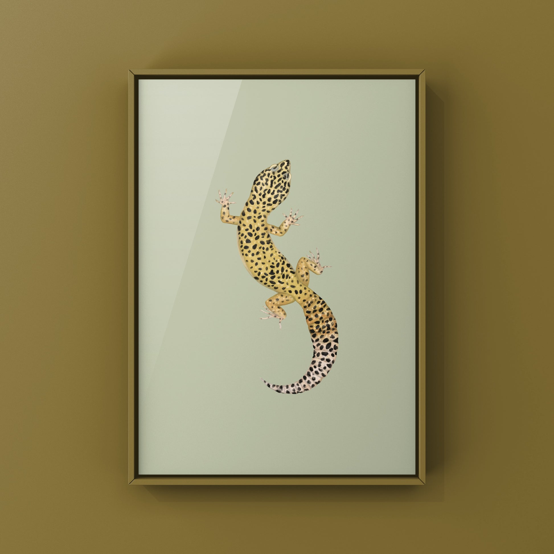 Leopard Gecko art print by The Silk Ranch showcasing detailed illustration of Eublepharis macularius on white background.