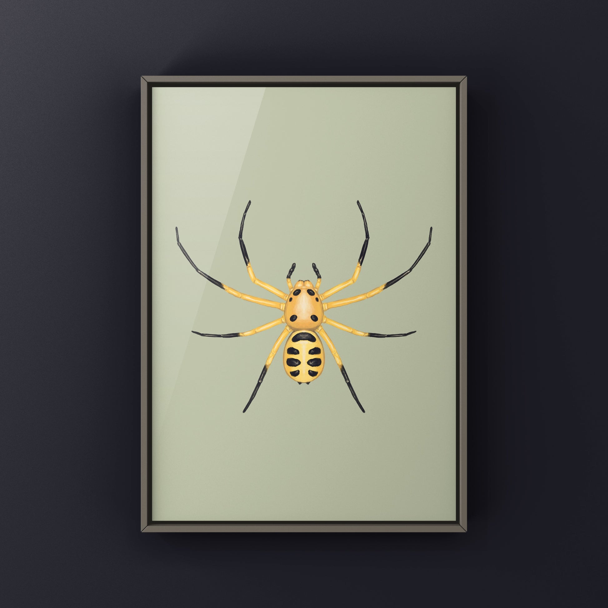 Colorful Pikachu Crab Spider art print showcasing vibrant yellow and black markings on a detailed background.