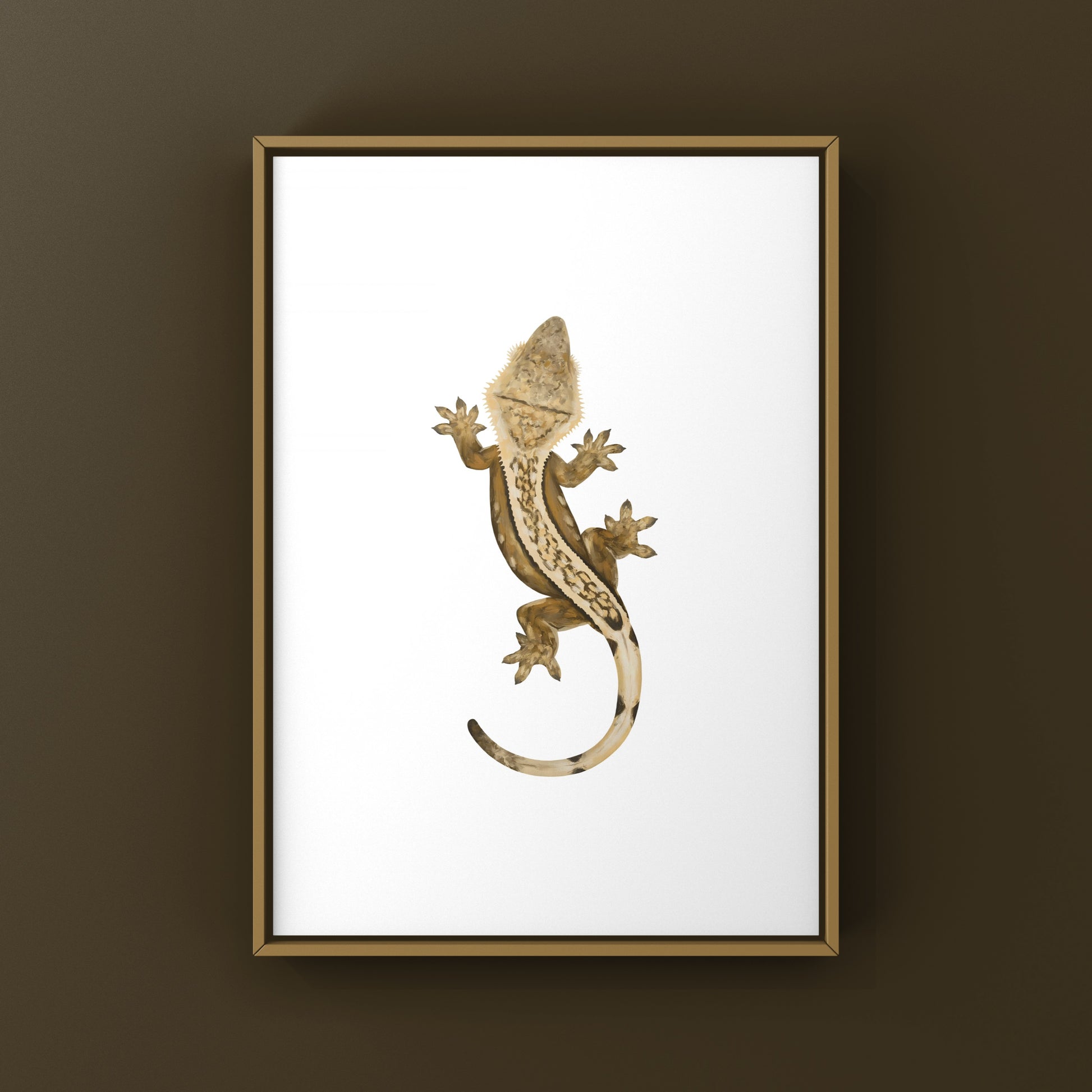 Creamsicle Crested Gecko art print by The Silk Ranch featuring vibrant colors and detailed illustrations of the reptile.