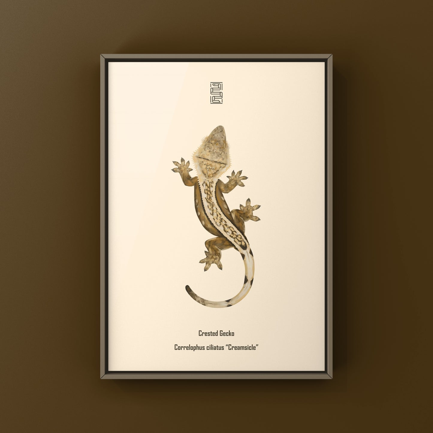 Creamsicle Crested Gecko art print by The Silk Ranch showing vibrant reptile illustration on textured paper.