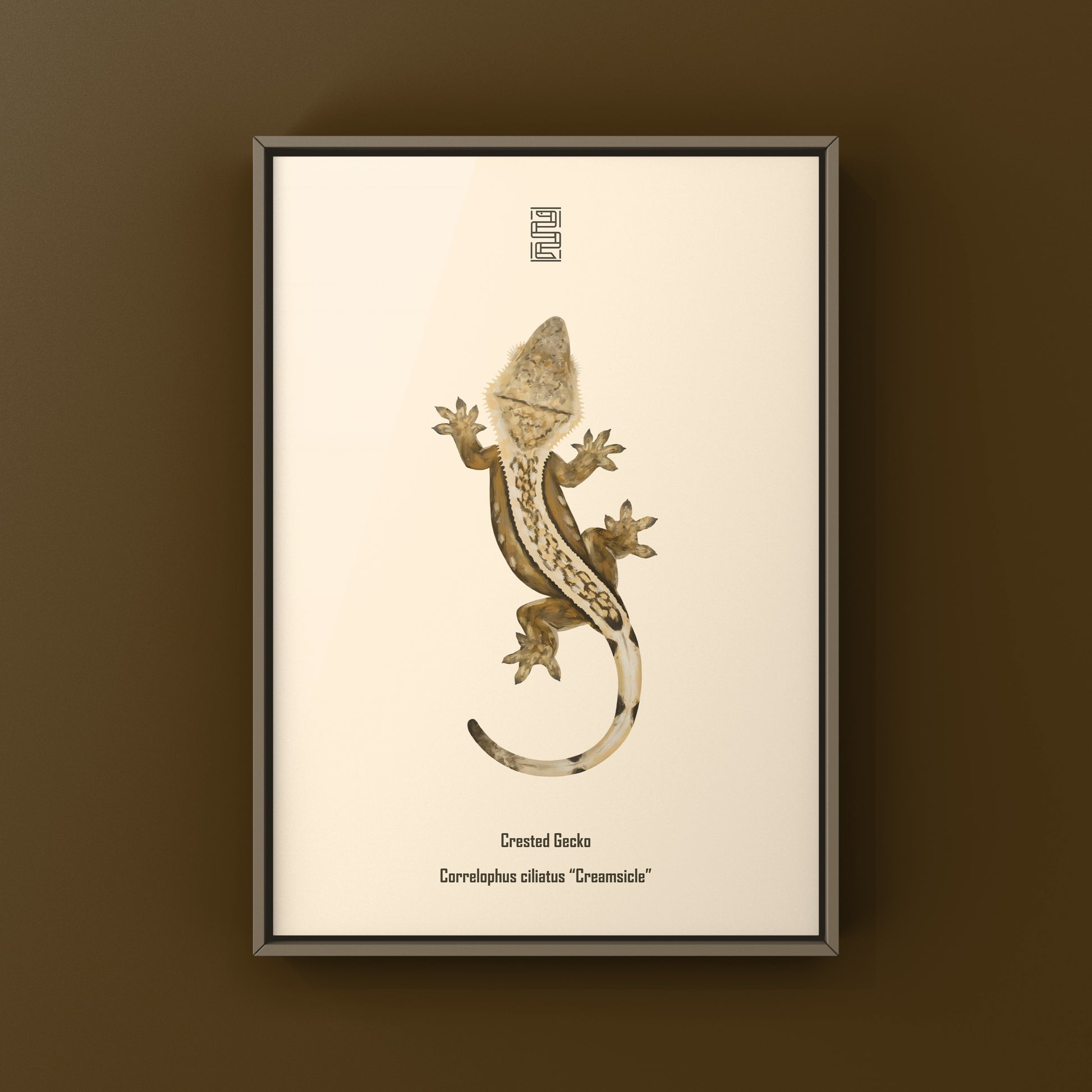 Creamsicle Crested Gecko art print by The Silk Ranch showing vibrant reptile illustration on textured paper.