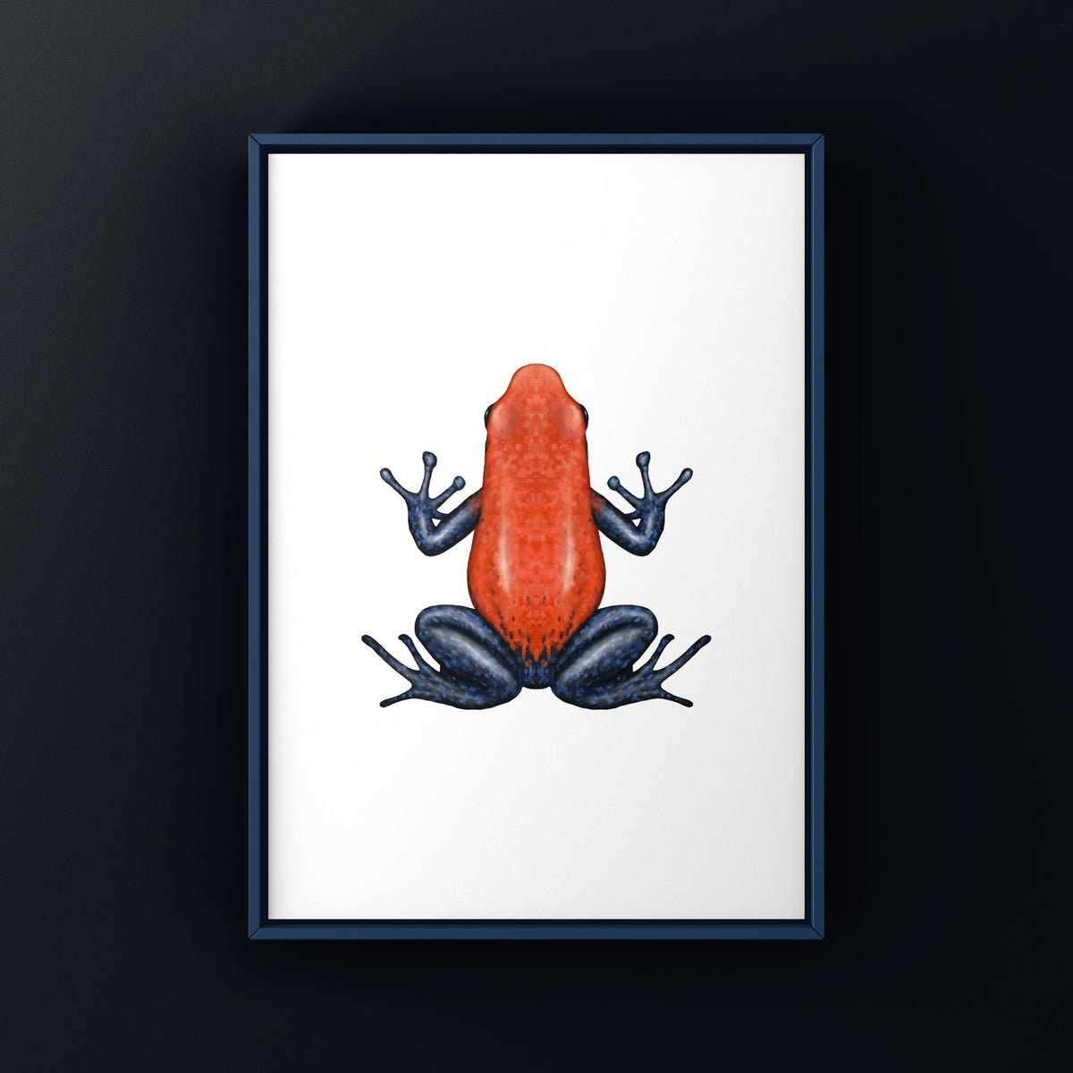 Blue Jeans Strawberry Poison Frog art print by The Silk Ranch, featuring Oophaga pumilio in blue and red tones