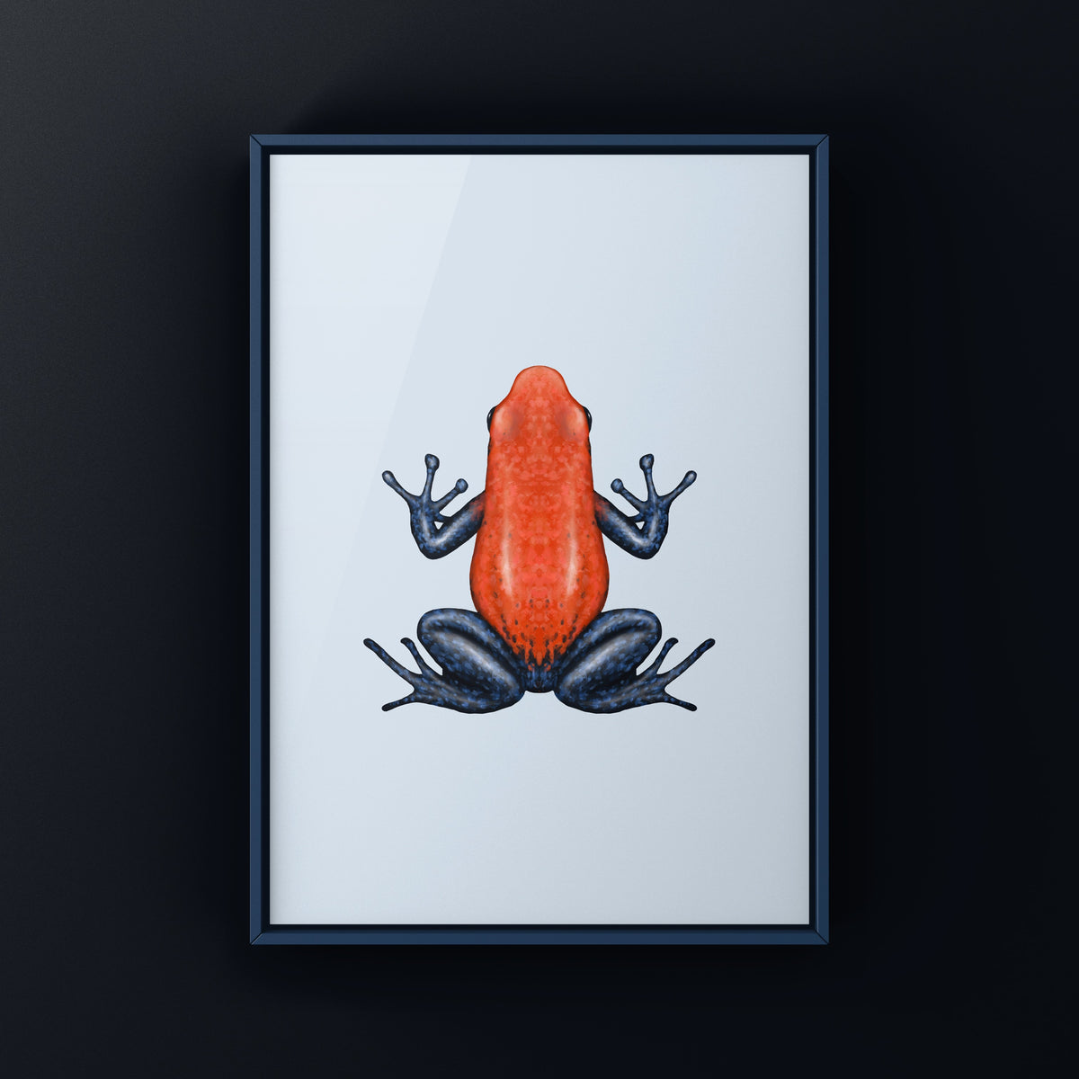Blue Jeans strawberry poison frog art print by The Silk Ranch, featuring Oophaga pumilio in vivid blue and red tones