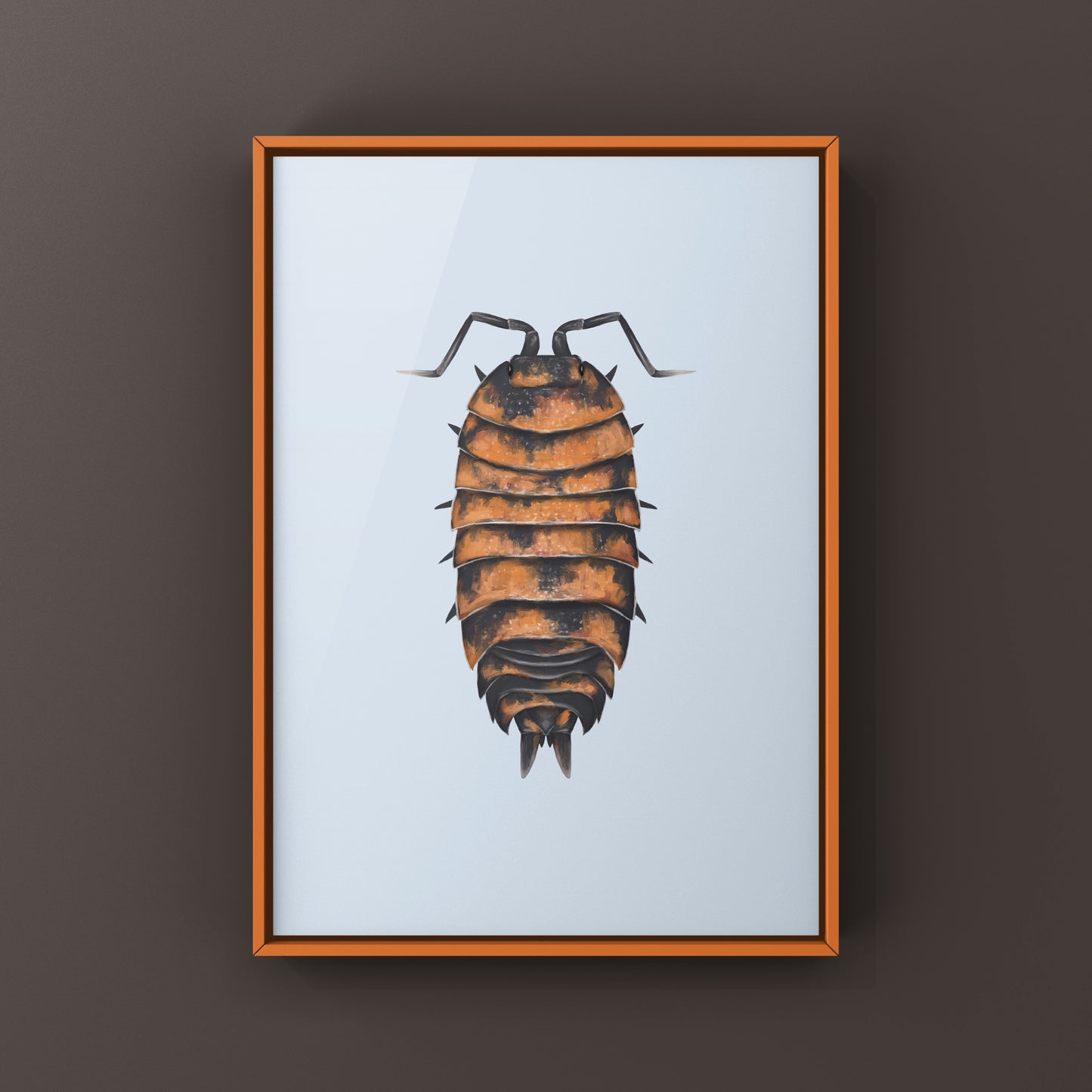 Lava Isopod Porcellio scaber “Lava” art print showing detailed illustration of a vibrant lava-colored isopod on white background.