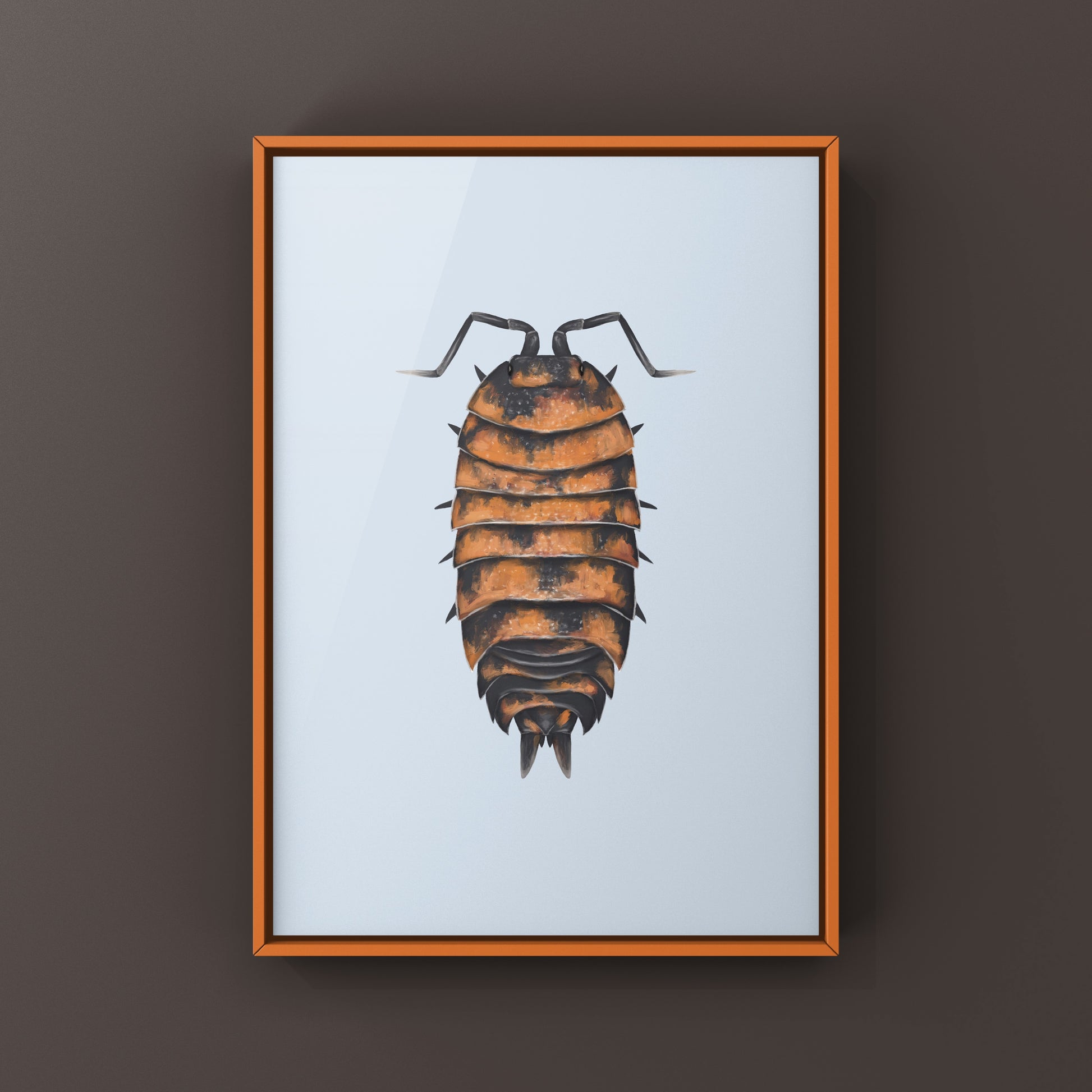 Lava Isopod Porcellio scaber “Lava” art print showing detailed illustration of a vibrant lava-colored isopod on white background.