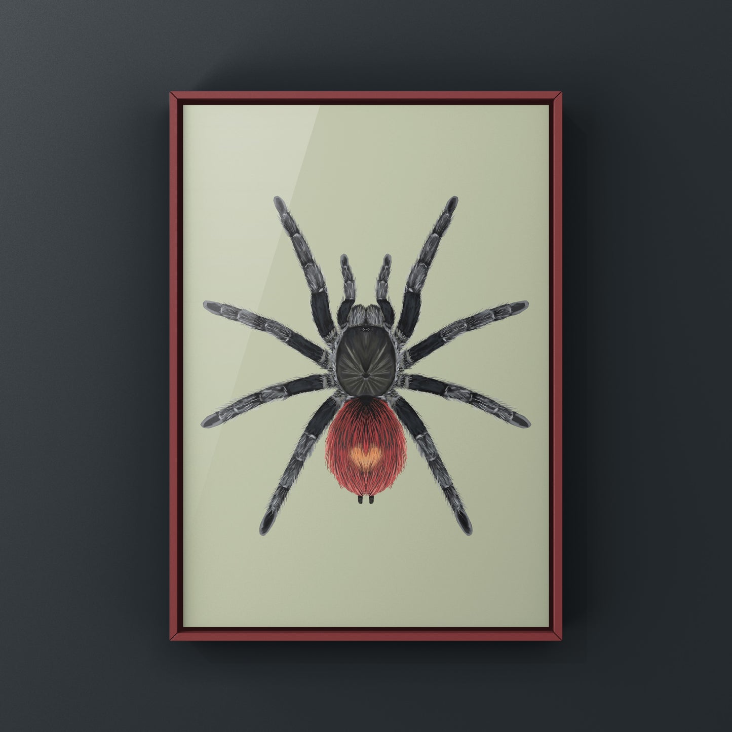 Peruvian Flame Rump Tarantula art print showcasing vibrant orange and black colors on high-quality paper.
