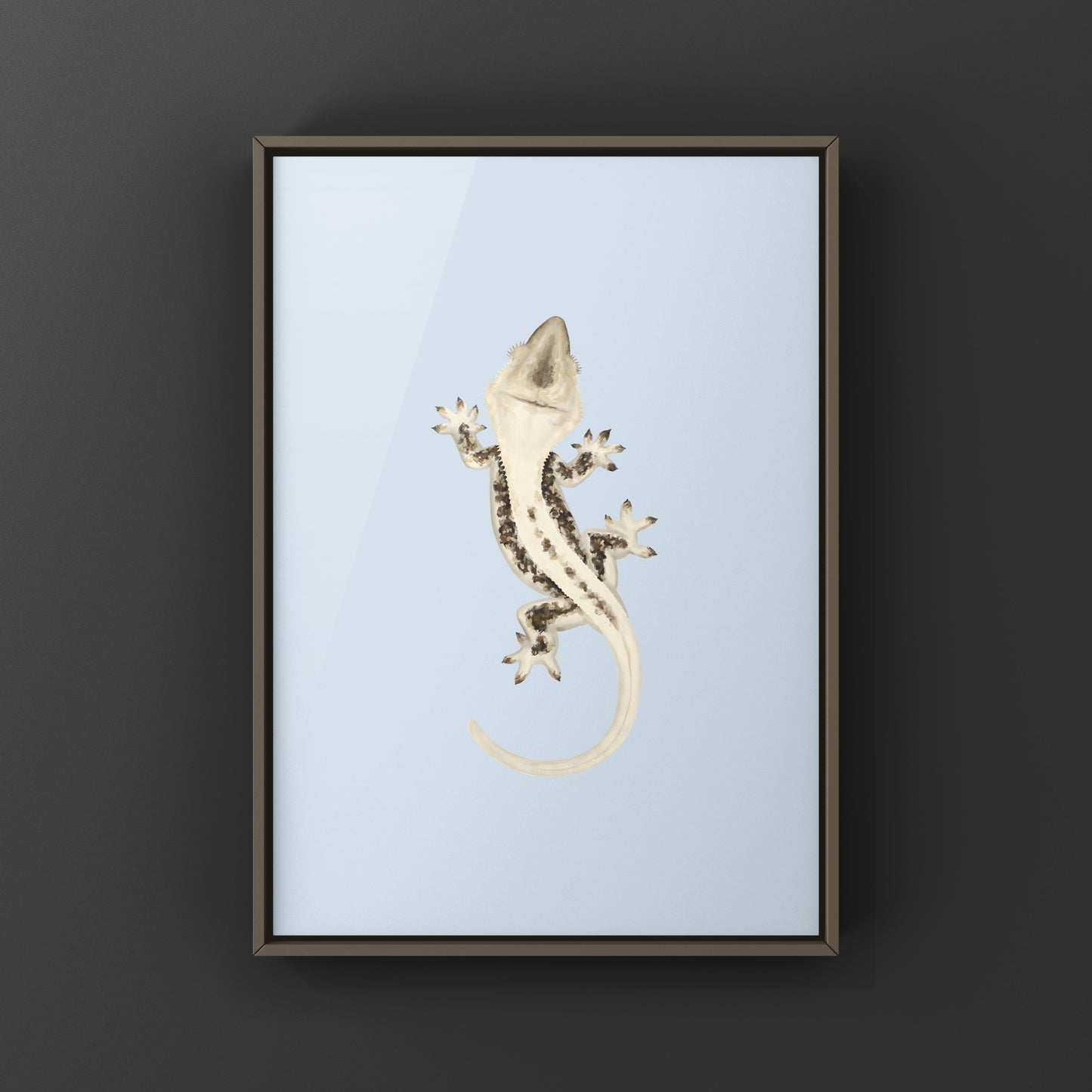 Lily white crested gecko art print by The Silk Ranch featuring detailed, vibrant illustration of the reptile on high-quality paper.