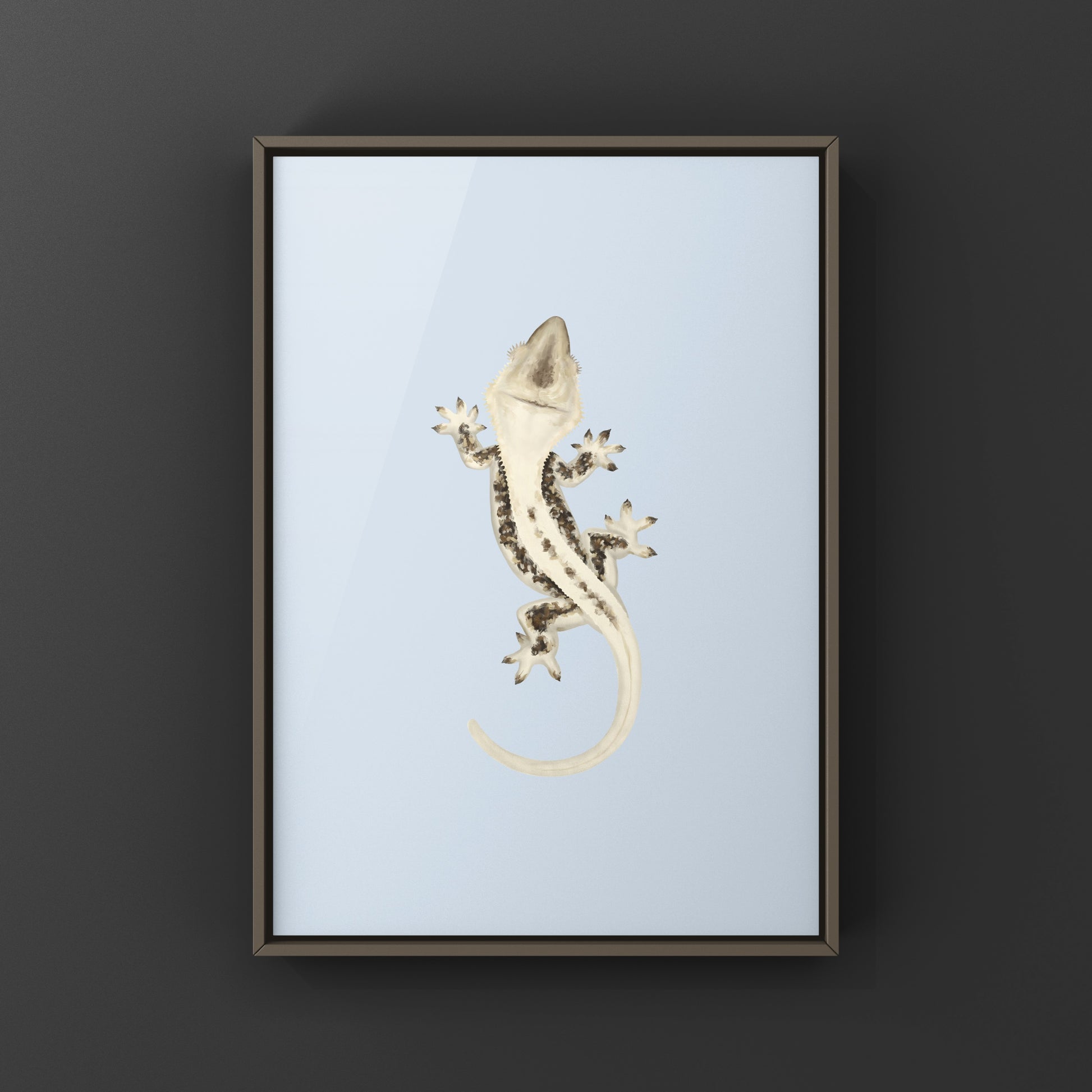 Lily white crested gecko art print by The Silk Ranch featuring detailed, vibrant illustration of the reptile on high-quality paper.