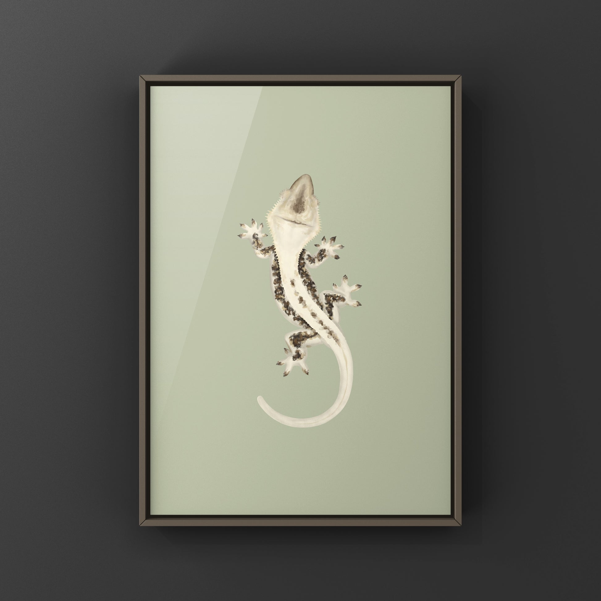 Lily white crested gecko art print featuring detailed illustration, suitable for wall decor, by The Silk Ranch.