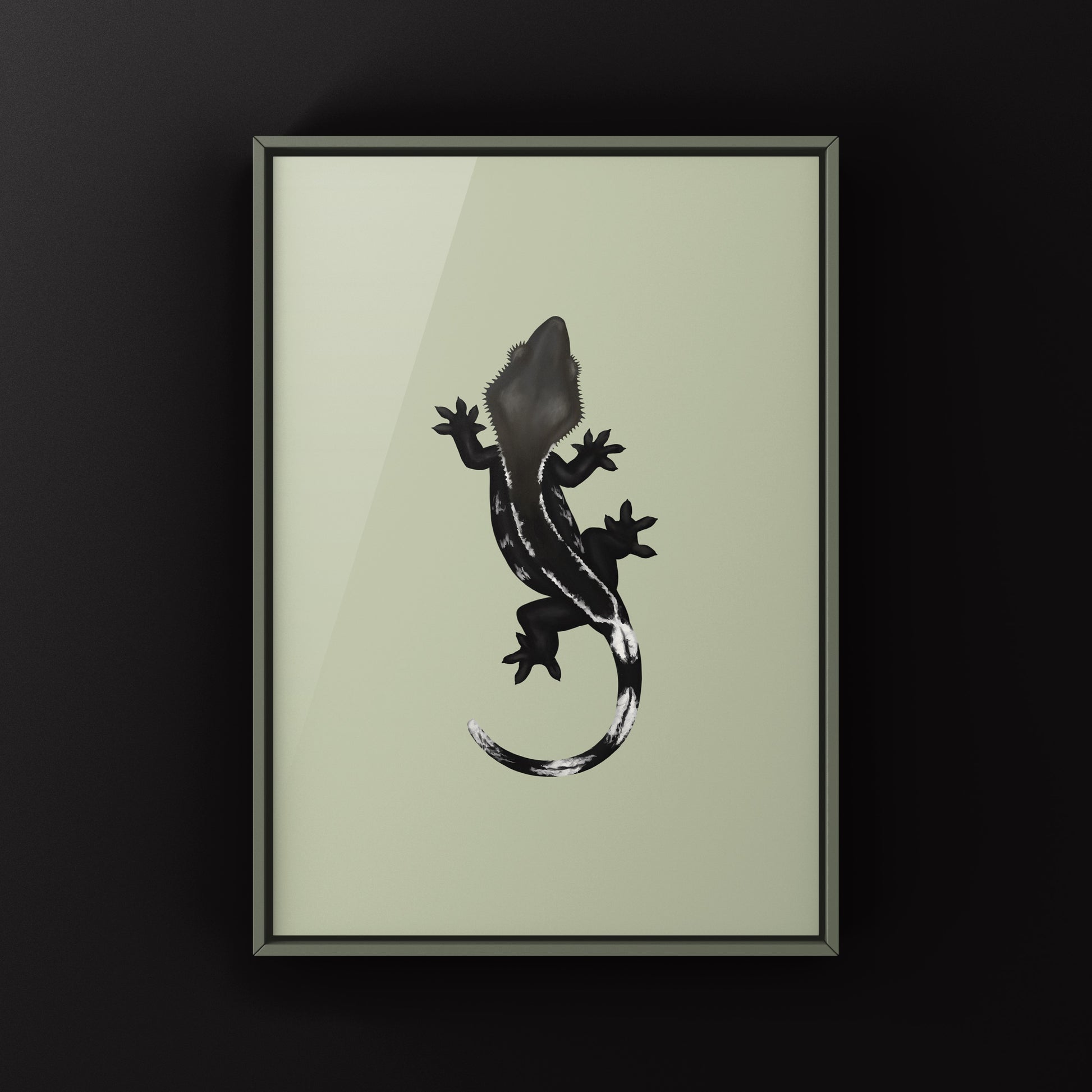Axanthic crested gecko art print by The Silk Ranch featuring detailed, vibrant reptile artwork on high-quality paper.