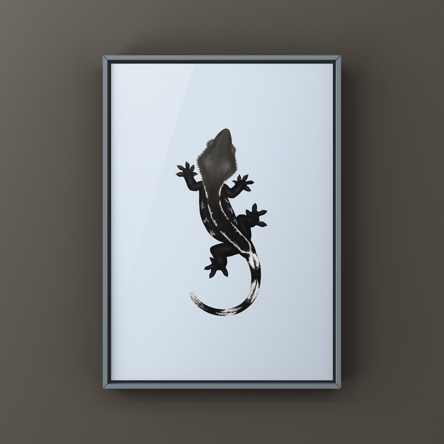 Axanthic crested gecko art print by The Silk Ranch, showcasing detailed, vibrant reptile artwork on high-quality paper.