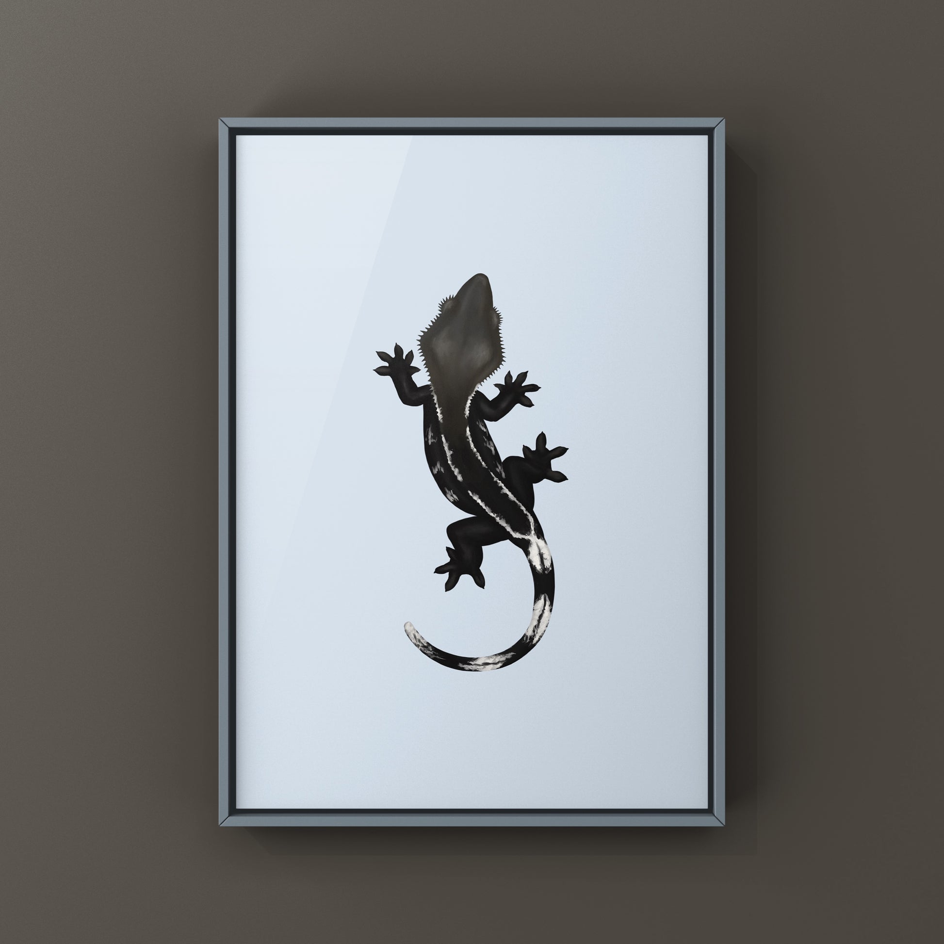 Axanthic crested gecko art print by The Silk Ranch, showcasing detailed, vibrant reptile artwork on high-quality paper.