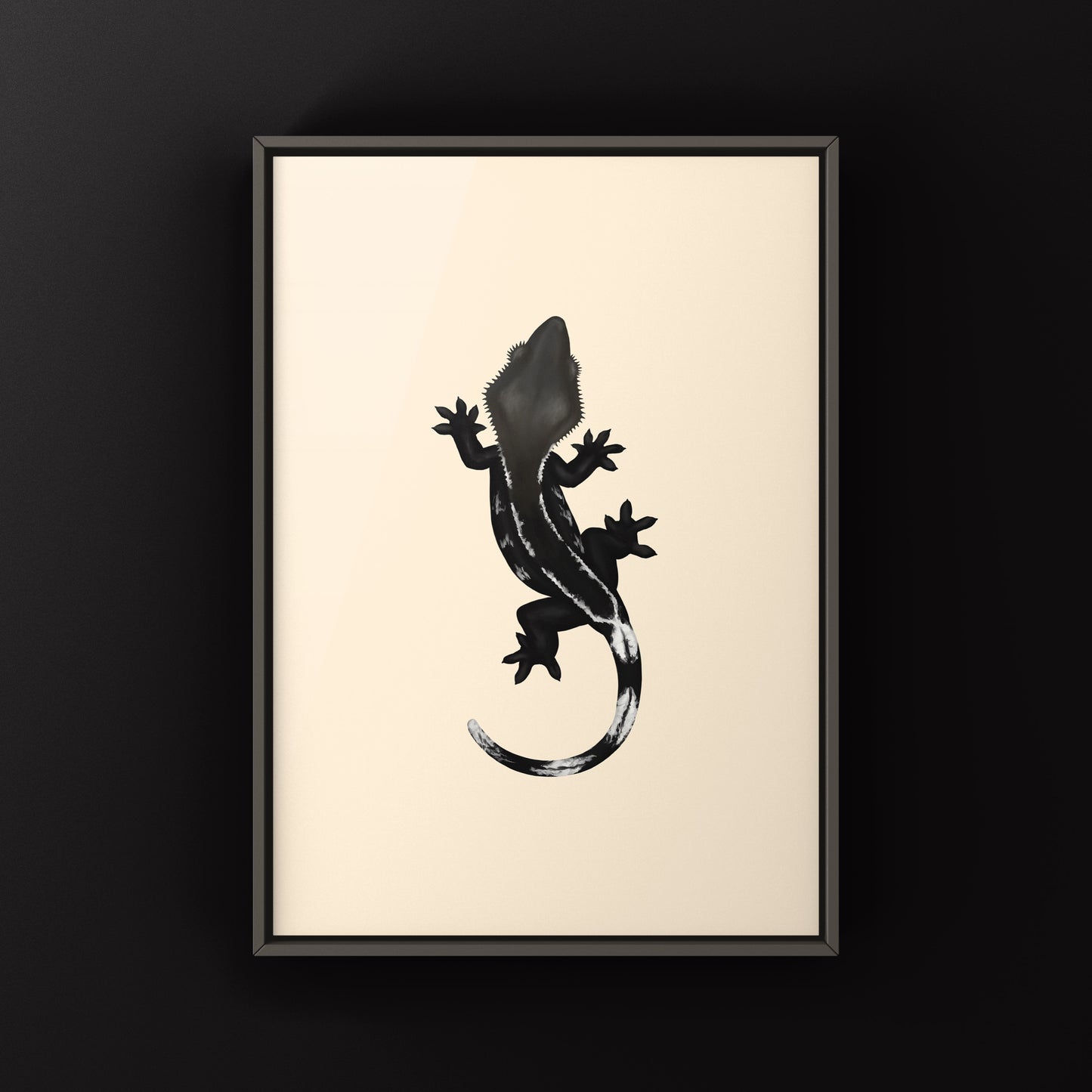 Axanthic crested gecko art print by The Silk Ranch, showcasing detailed artwork of the reptile on high-quality paper.