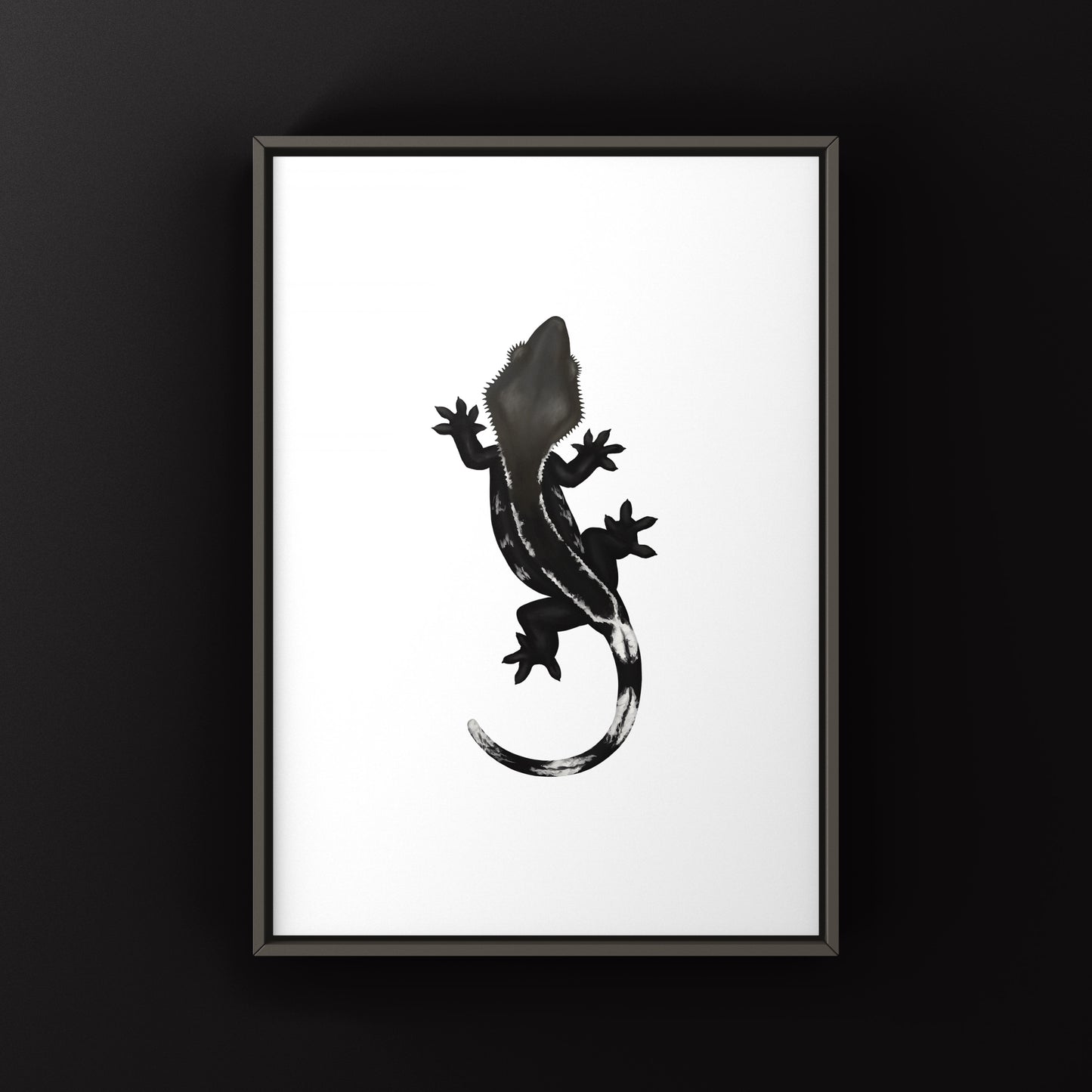 Axanthic crested gecko art print by The Silk Ranch showcasing a detailed illustration of the reptile on textured paper.