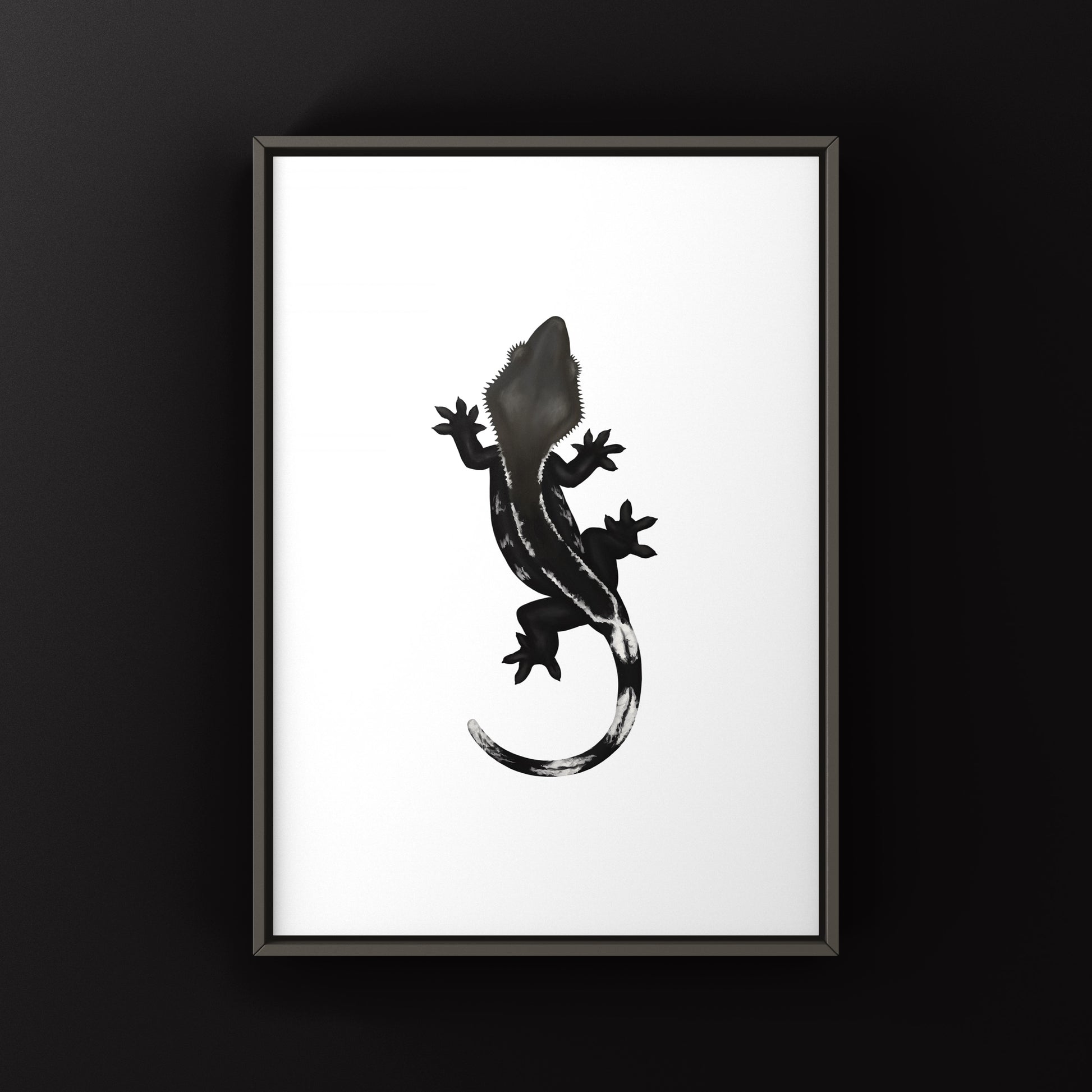 Axanthic crested gecko art print by The Silk Ranch showcasing a detailed illustration of the reptile on textured paper.