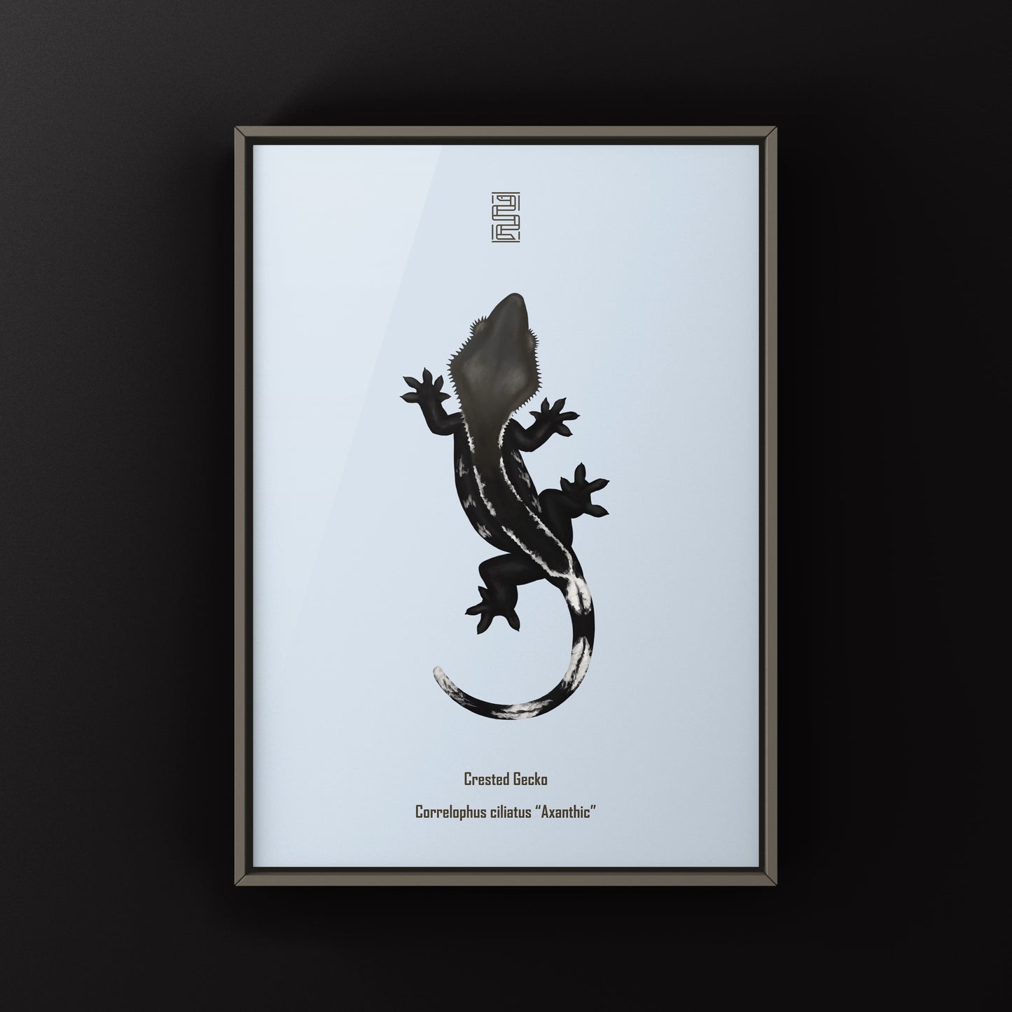 Axanthic crested gecko art print by The Silk Ranch, featuring detailed, vibrant reptile artwork on high-quality paper.