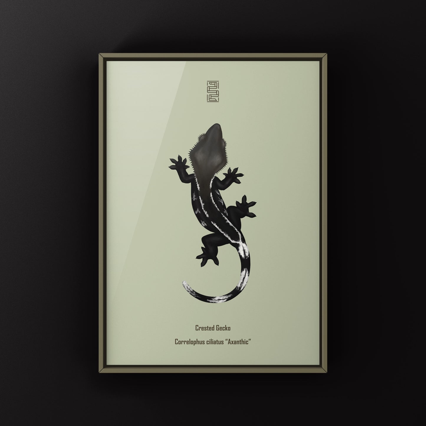 Axanthic crested gecko art print featuring detailed illustrations, showcasing the unique coloration and intricate design of the reptile.