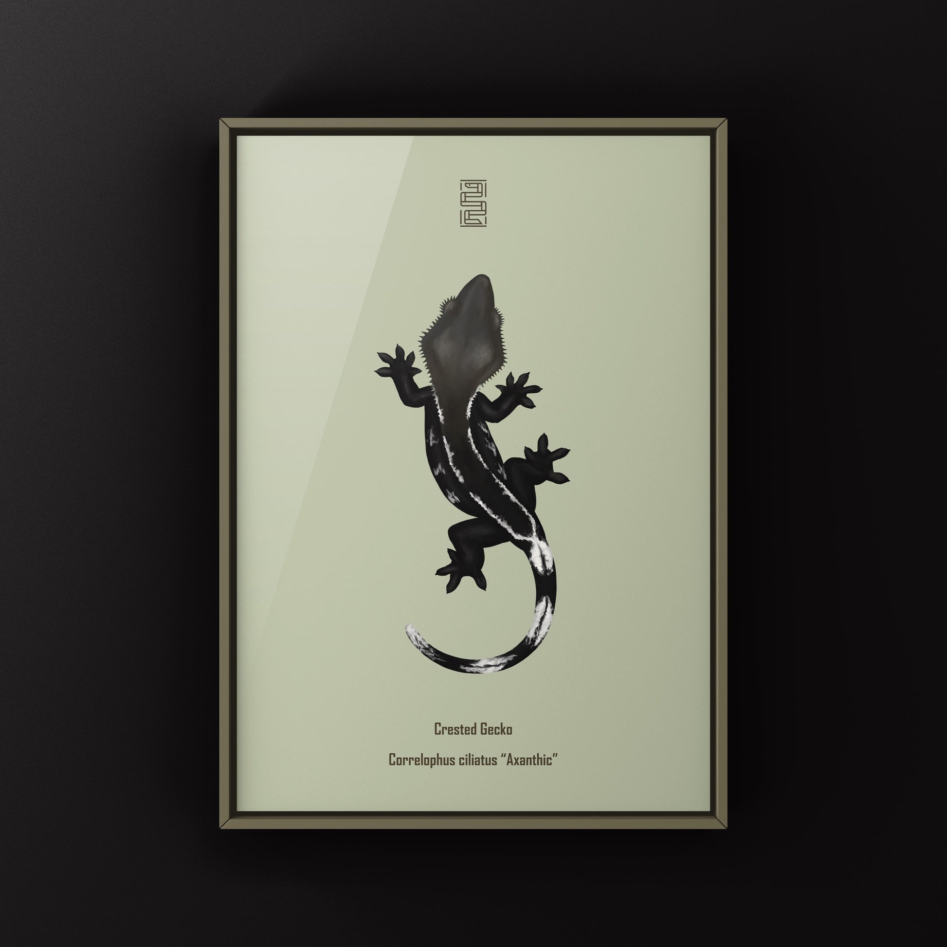 Axanthic crested gecko art print featuring detailed illustrations, showcasing the unique coloration and intricate design of the reptile.