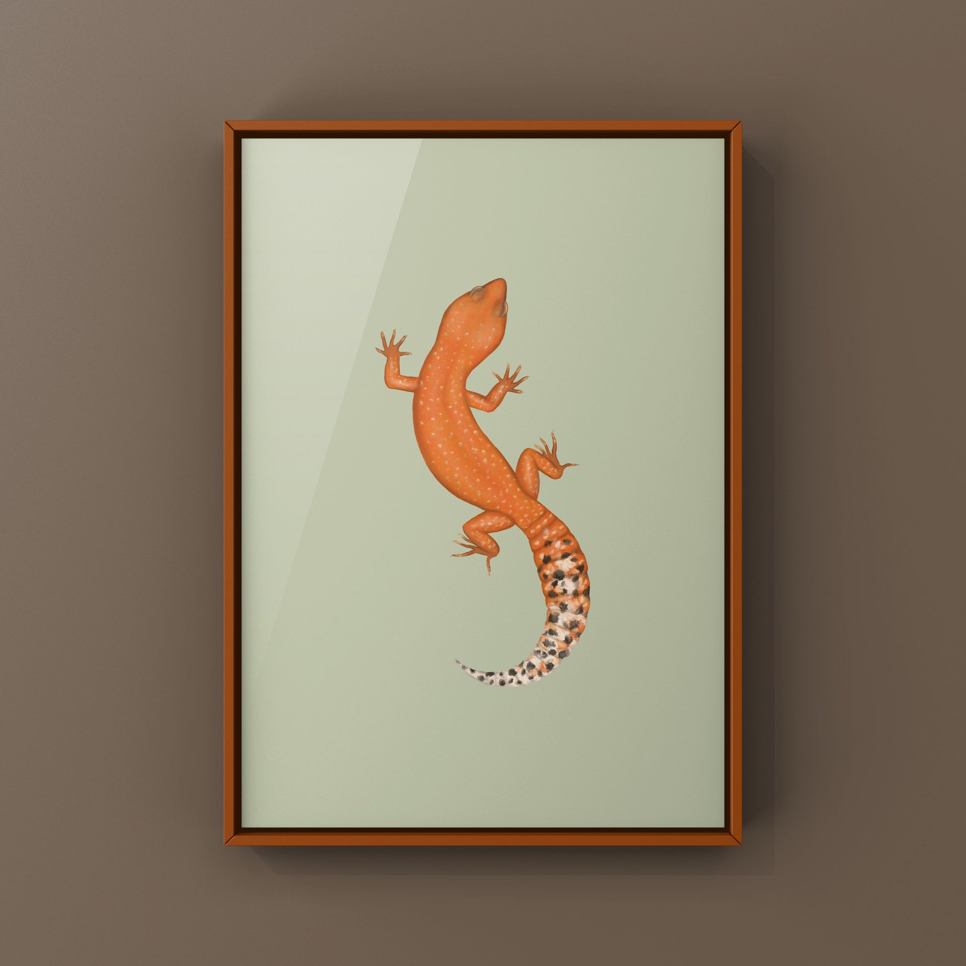 Mandarin tangerine leopard gecko art print by The Silk Ranch featuring vibrant reptile artwork on paper.