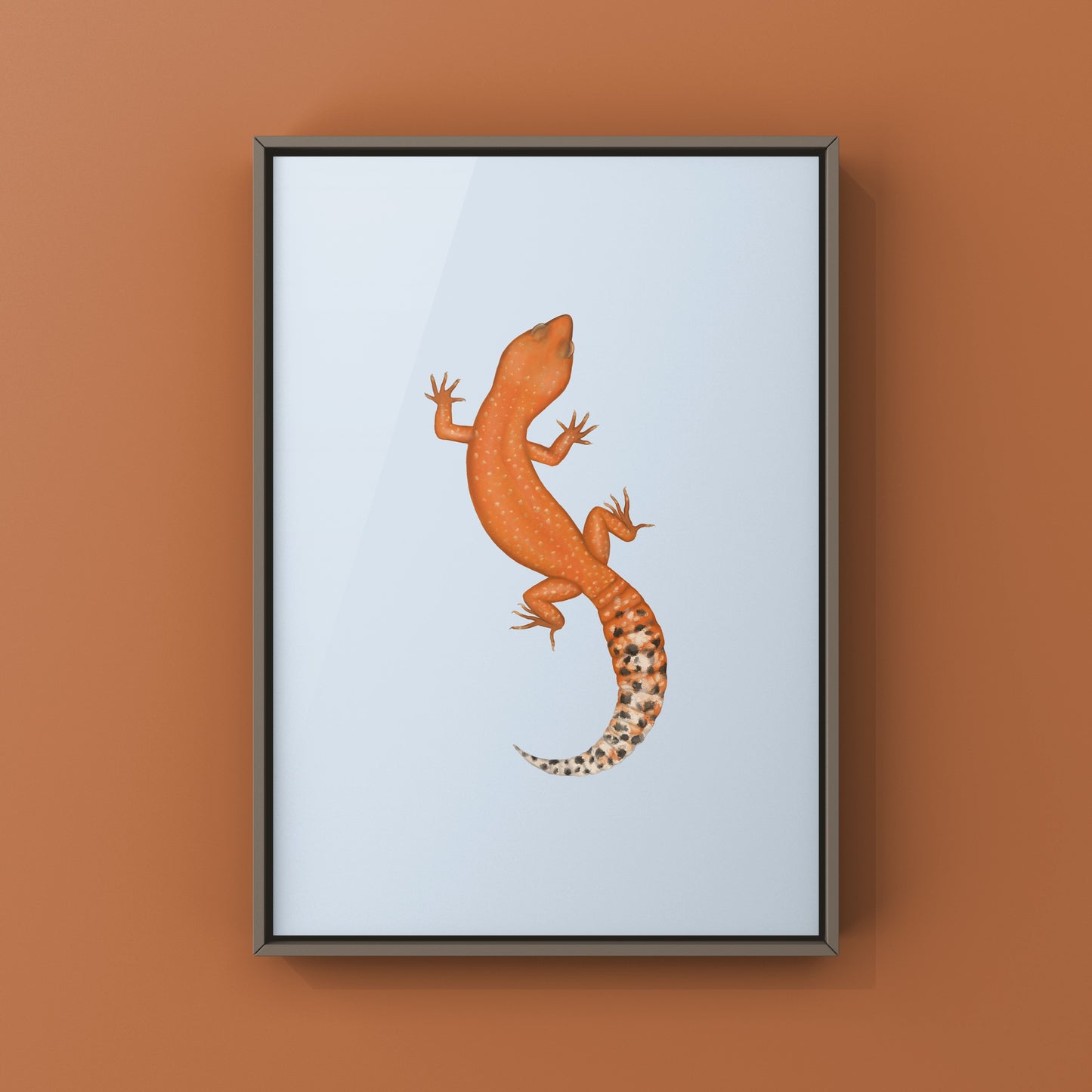 Mandarin tangerine leopard gecko art print by The Silk Ranch showcasing vibrant reptile artwork on high-quality paper.