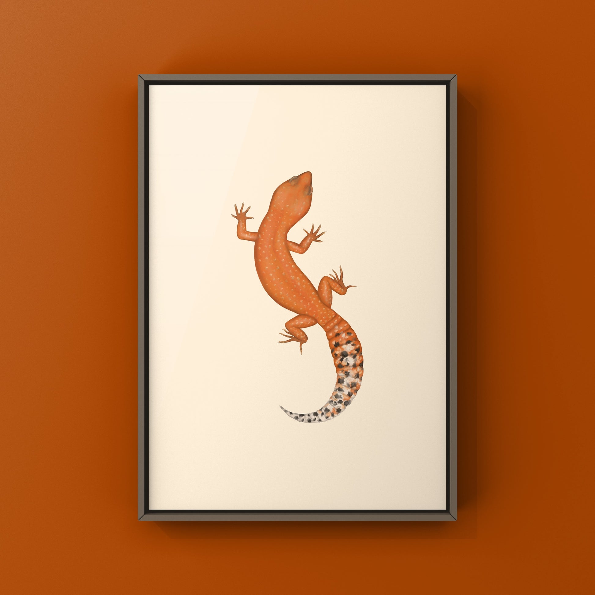 Mandarin Tangerine Leopard Gecko art print by The Silk Ranch showcasing vibrant colors and detailed reptile illustration.