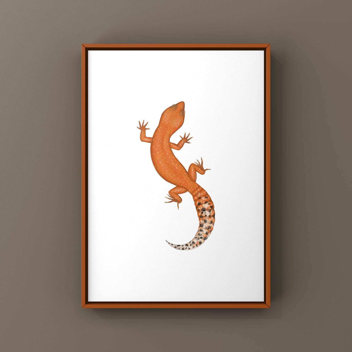 Colorful leopard gecko art print featuring mandarin tangerine tones, created by The Silk Ranch.