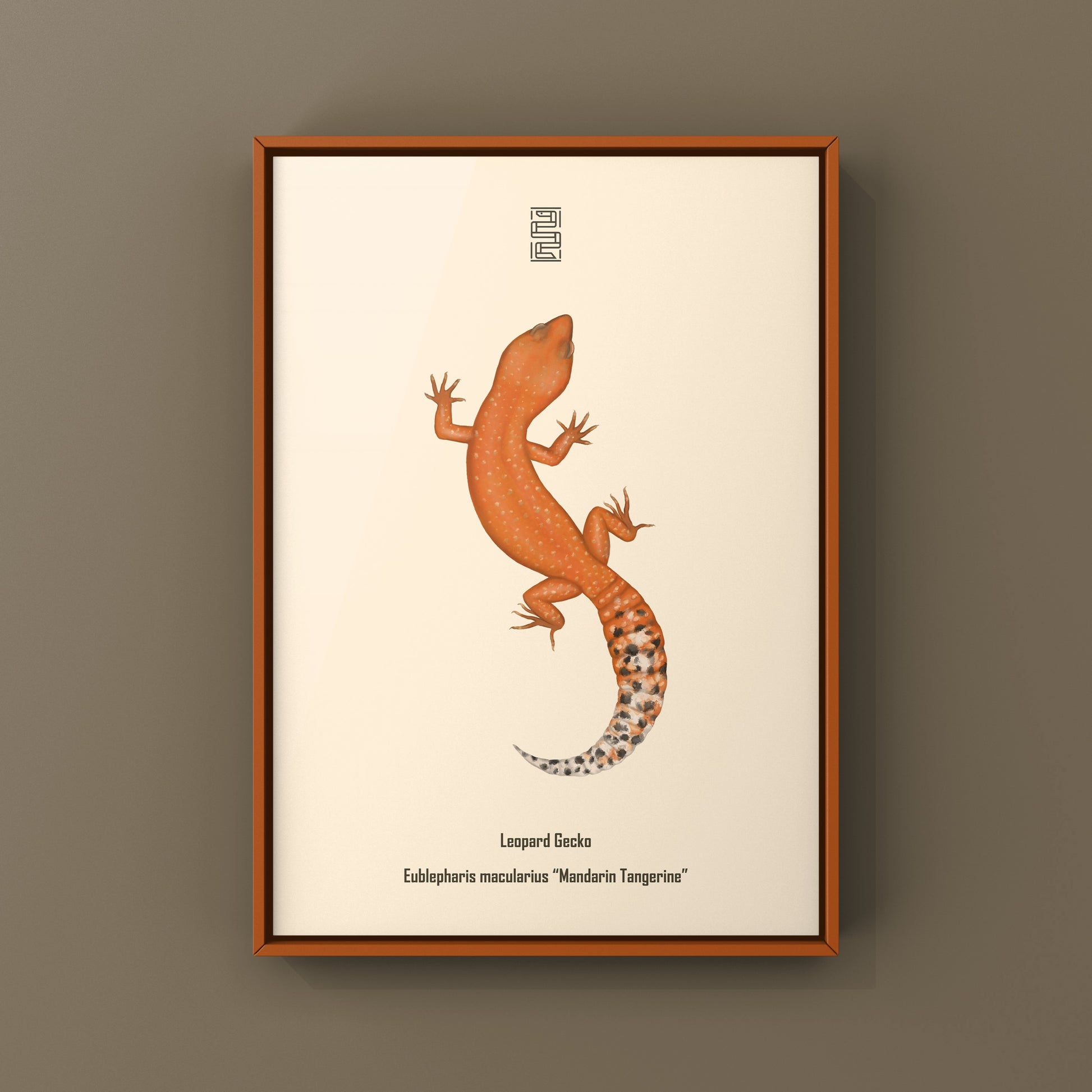 Mandarin Tangerine Leopard Gecko art print by The Silk Ranch showcasing vibrant orange and black gecko design on high-quality paper