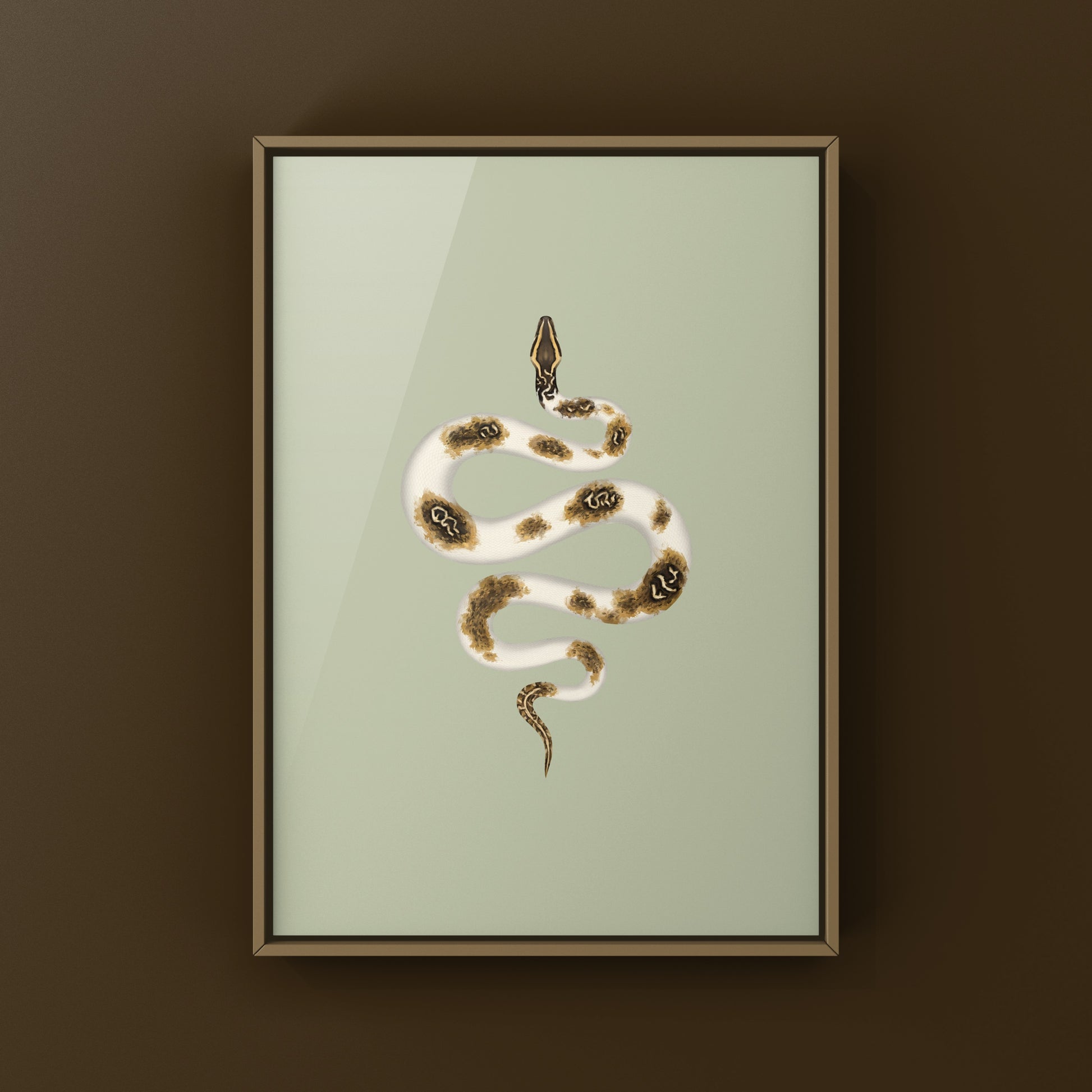 Piebald Burmese Python art print featuring a vibrant snake illustration on quality paper, showcasing detailed scales and patterns.