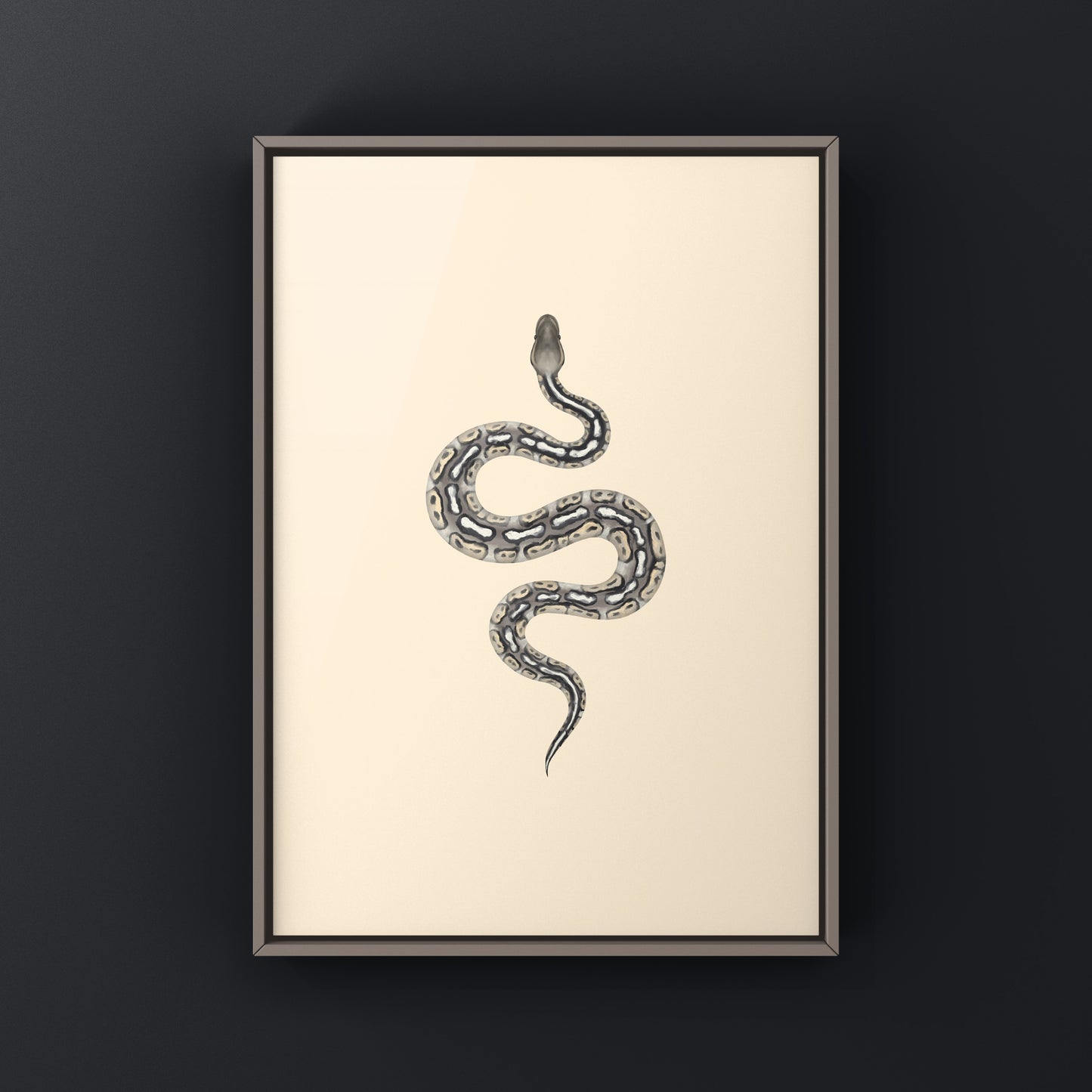 Pewter ball python art print featuring realistic python image, created by The Silk Ranch, suitable for reptile enthusiasts and home decor.
