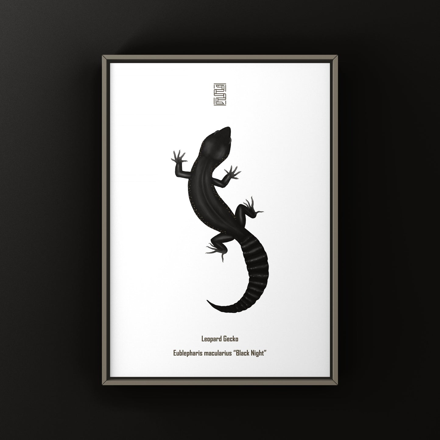 Black night leopard gecko art print by The Silk Ranch featuring detailed, realistic reptile artwork on a dark background.