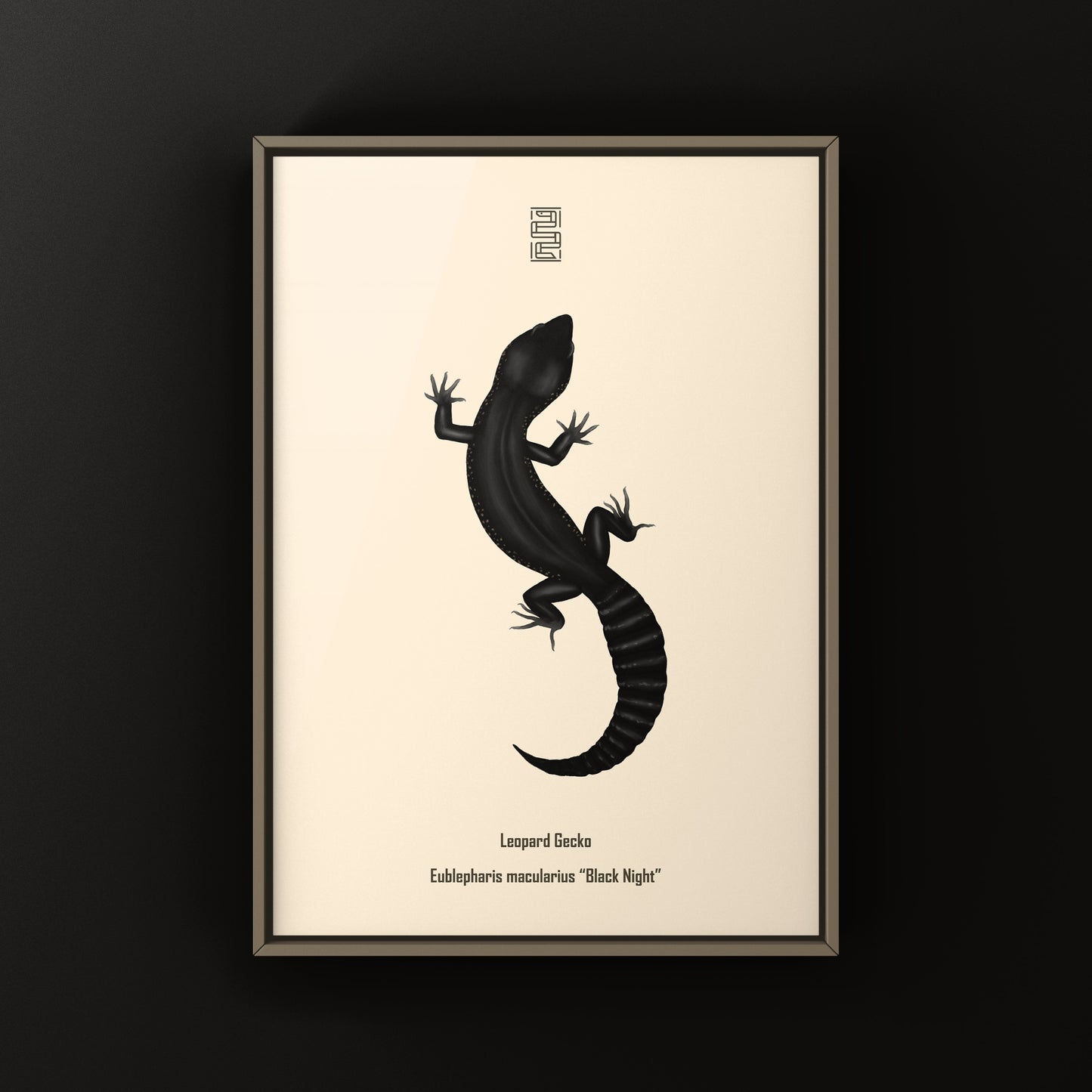 Black night leopard gecko art print by The Silk Ranch featuring detailed leopard gecko illustration on high-quality paper.