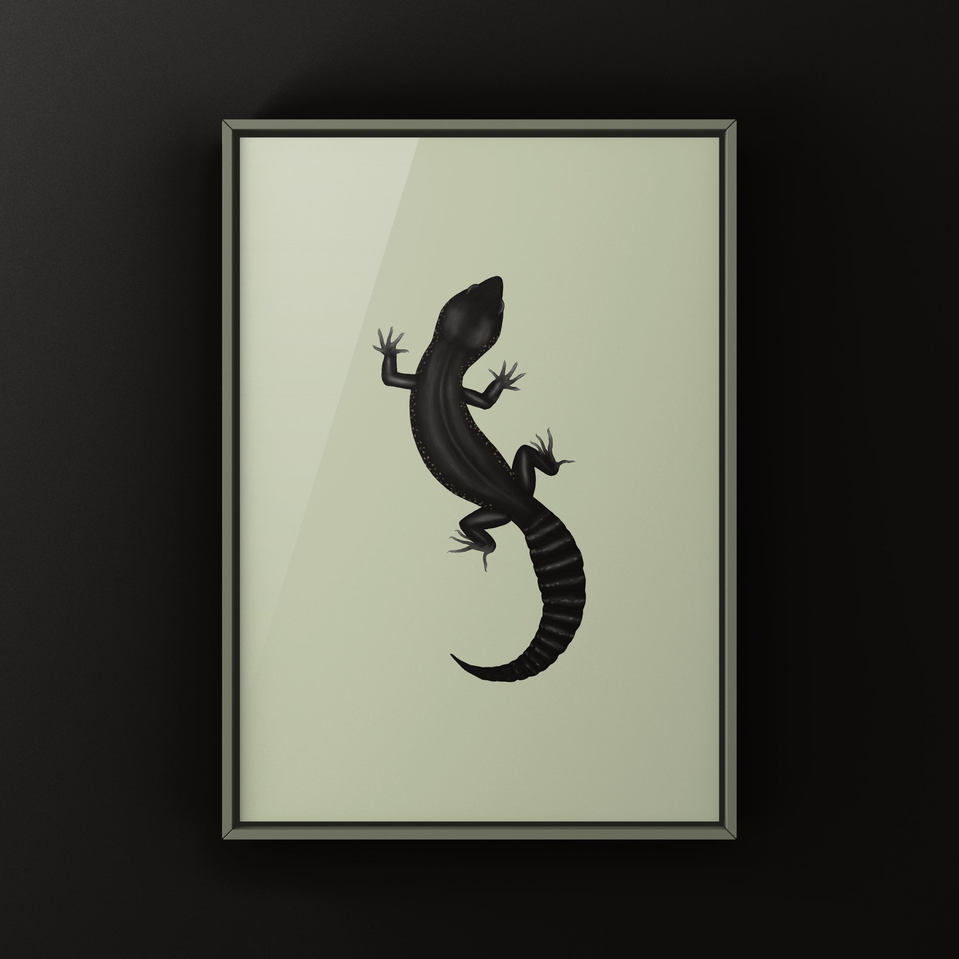 Black night leopard gecko art print by The Silk Ranch, showcasing detailed leopard gecko illustration on high-quality paper.
