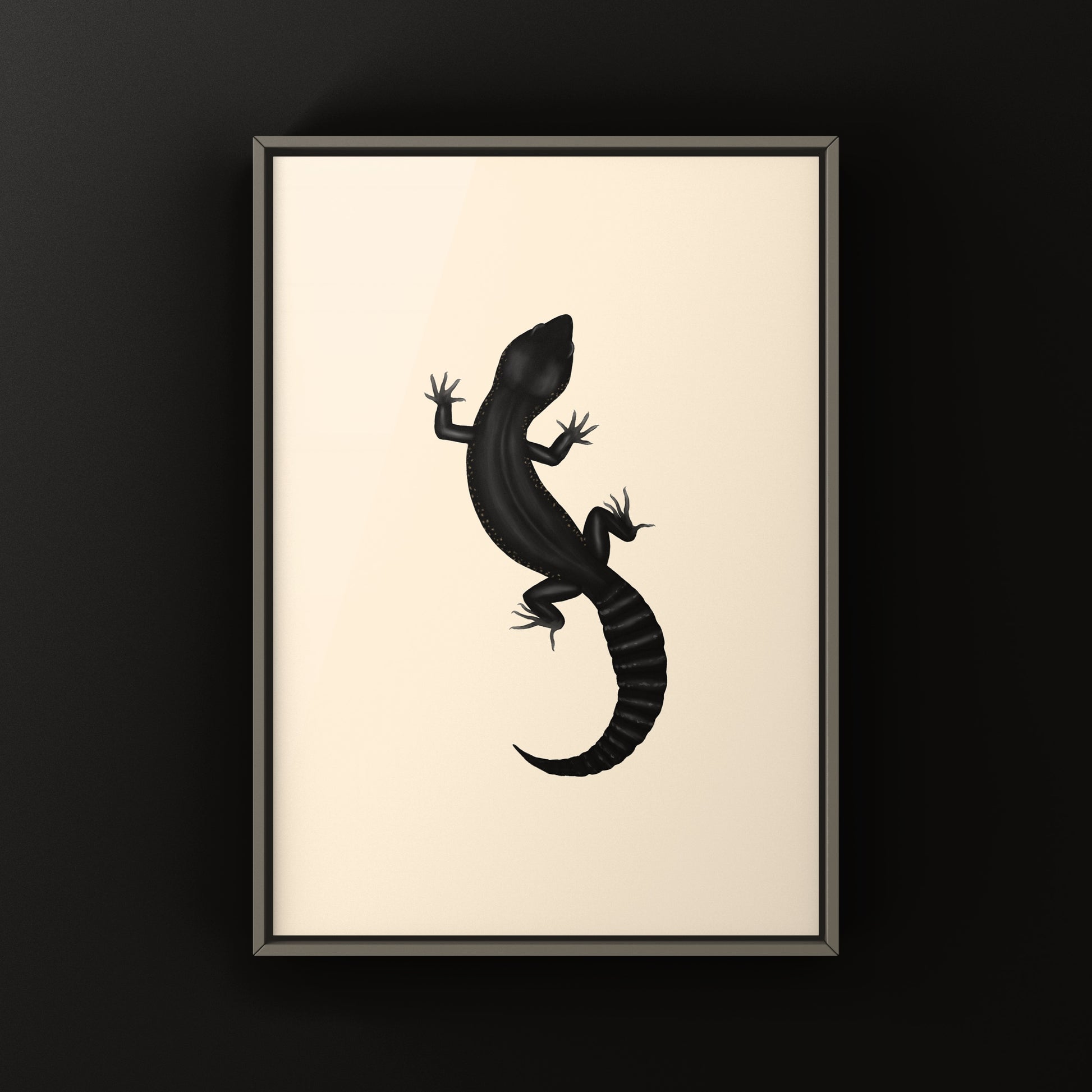 Black night leopard gecko art print by The Silk Ranch featuring detailed, vibrant imagery of a leopard gecko on a dark background.