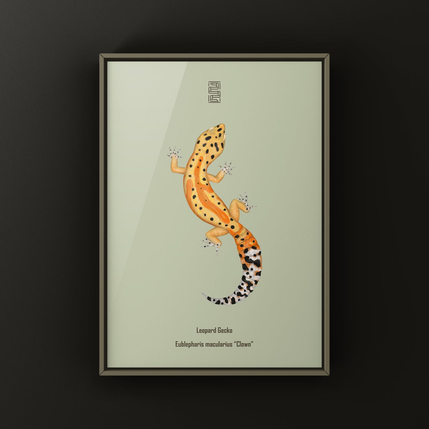 Clown Leopard Gecko art print by The Silk Ranch showcasing vibrant leopard gecko illustration on high-quality paper.