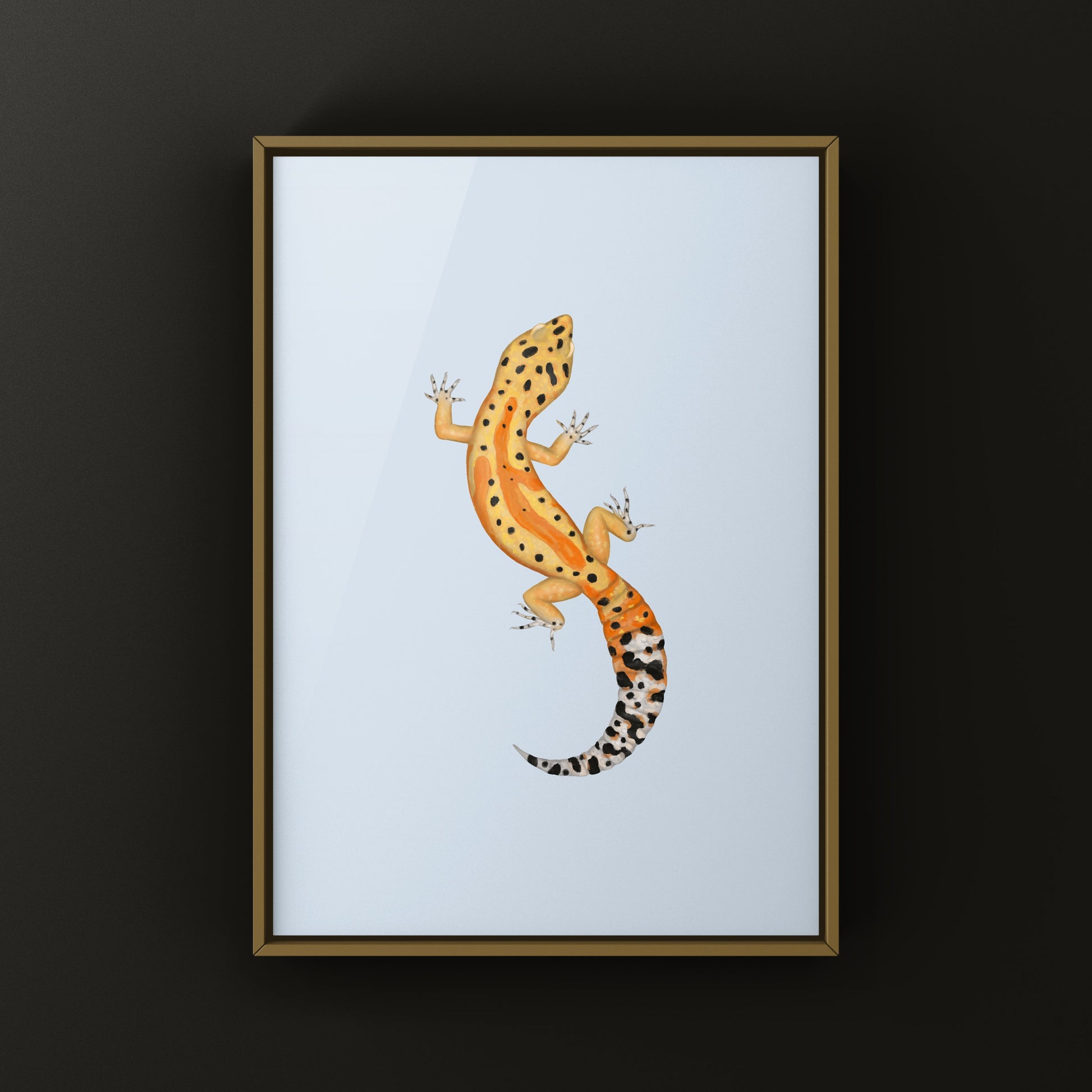 Clown Leopard Gecko art print from The Silk Ranch featuring detailed, vibrant leopard gecko illustration on high-quality paper.