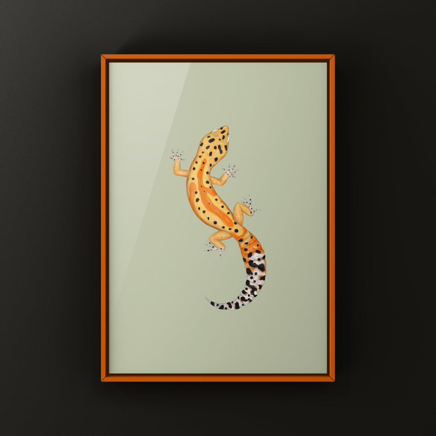Clown Leopard Gecko art print by The Silk Ranch featuring detailed leopard gecko illustration on white background.