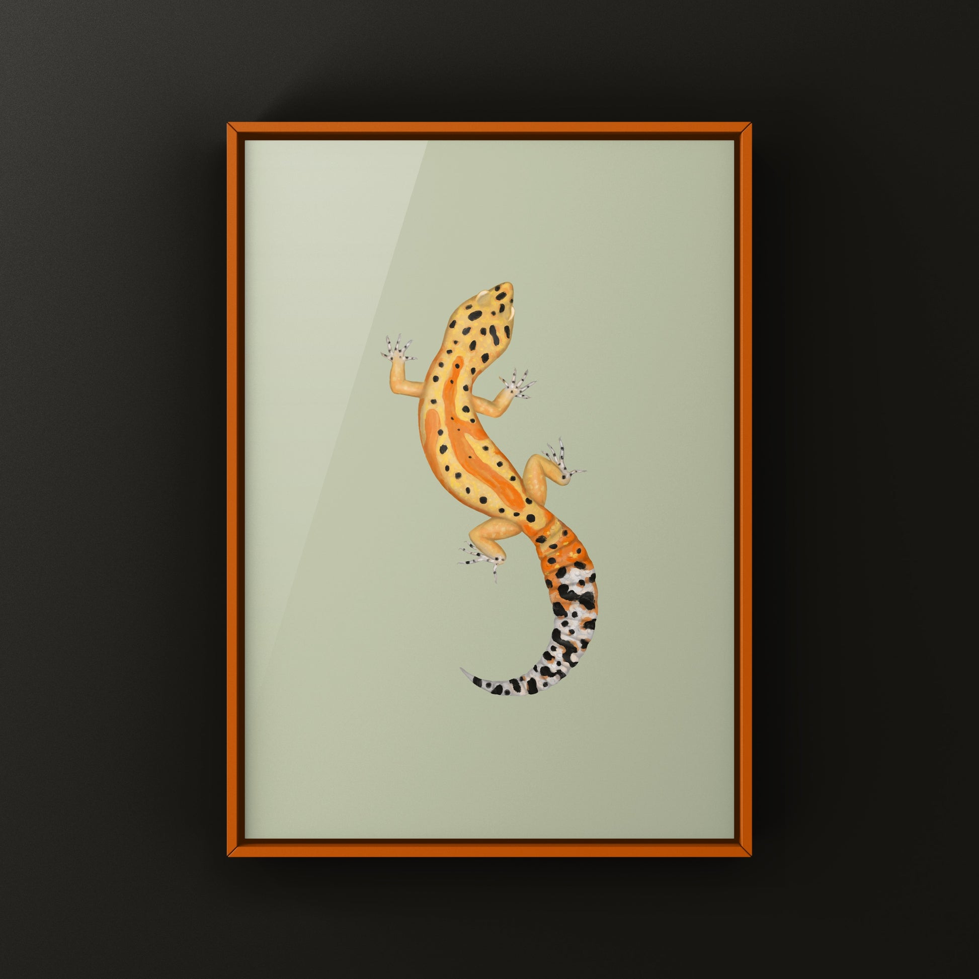 Clown Leopard Gecko art print by The Silk Ranch featuring detailed leopard gecko illustration on white background.