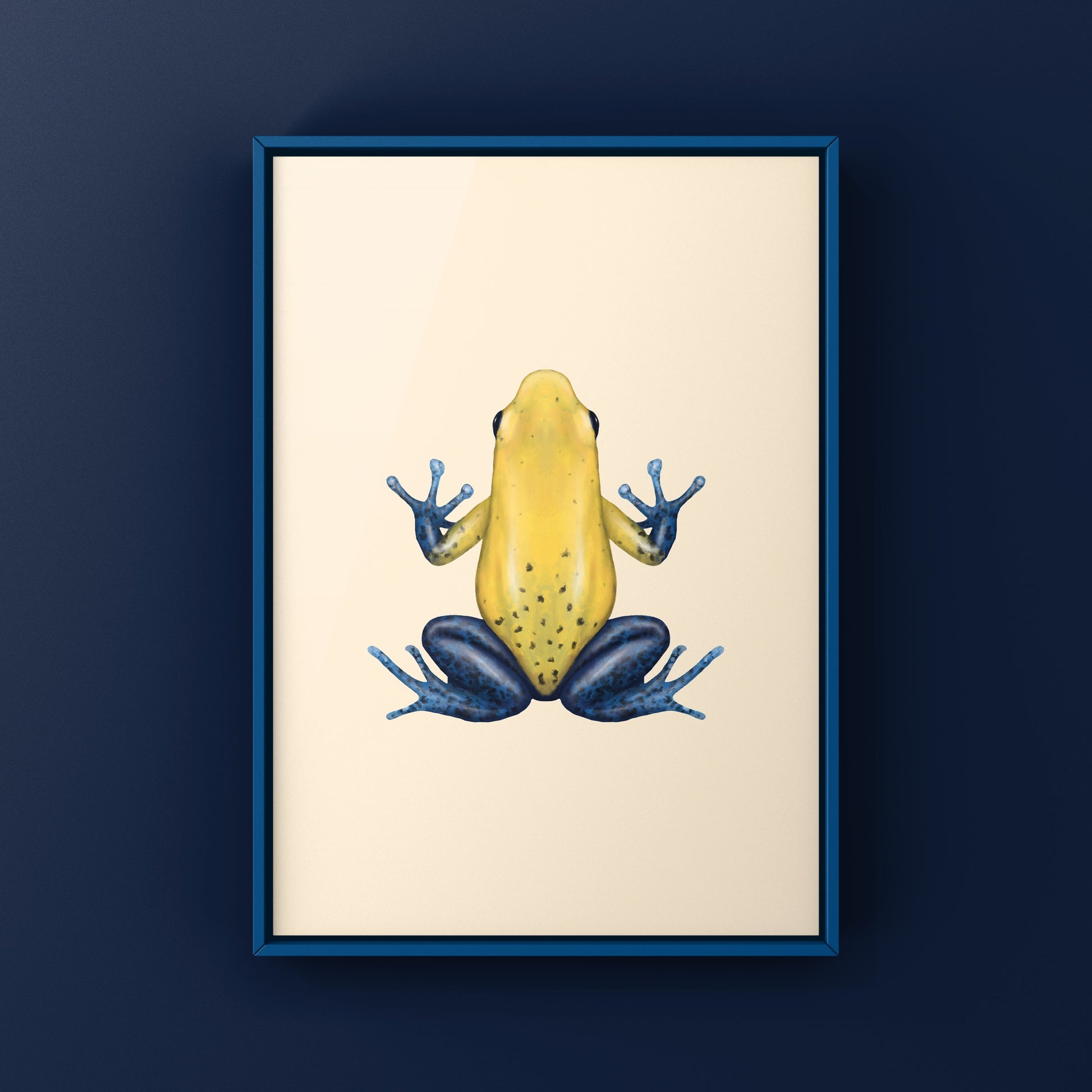 Charco La Pava Strawberry Dart Frog art print by The Silk Ranch showing vibrant red and blue frog on lush green leaves.