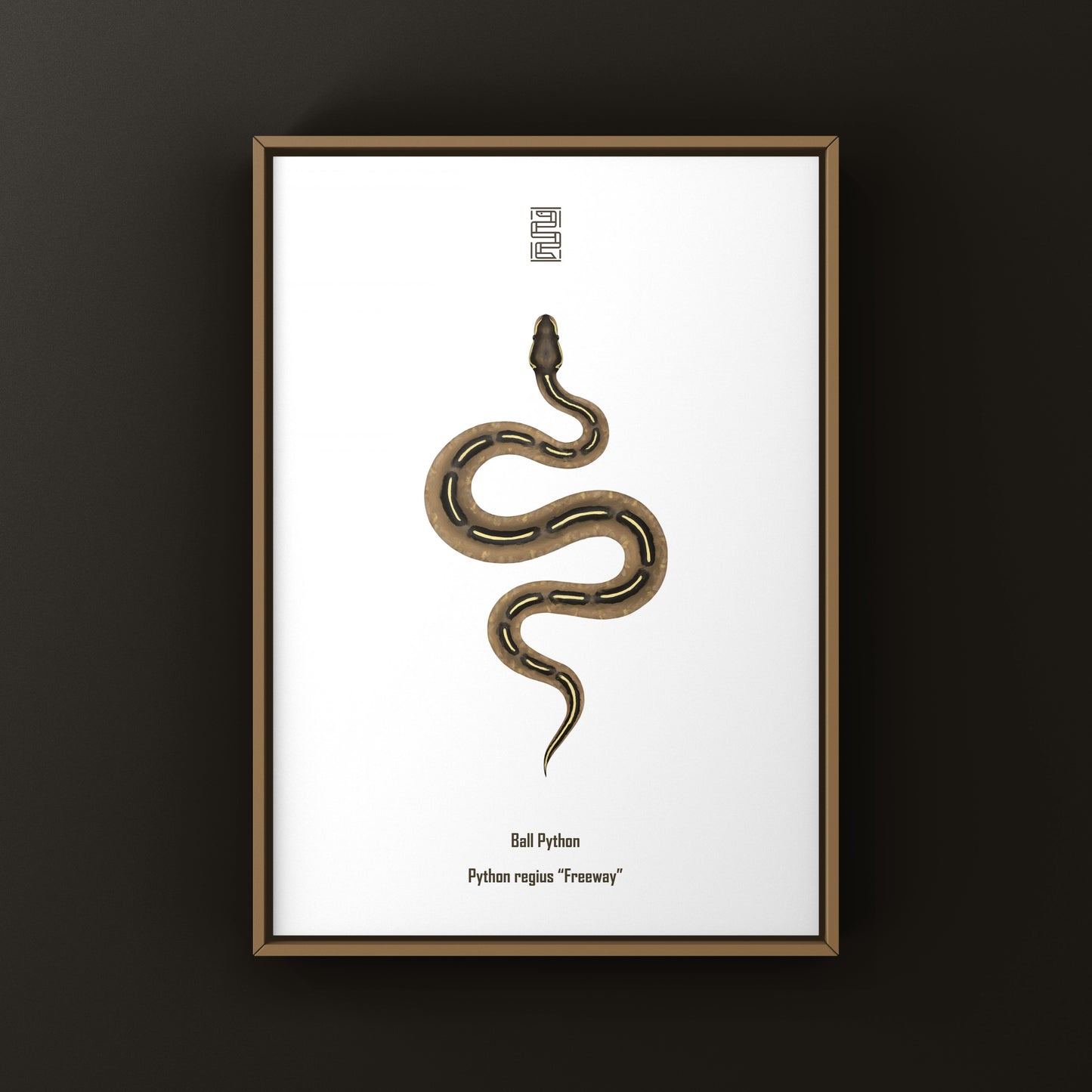 Colorful art print of a Freeway Ball Python (Python regius) by The Silk Ranch, showcasing detailed snake illustration.