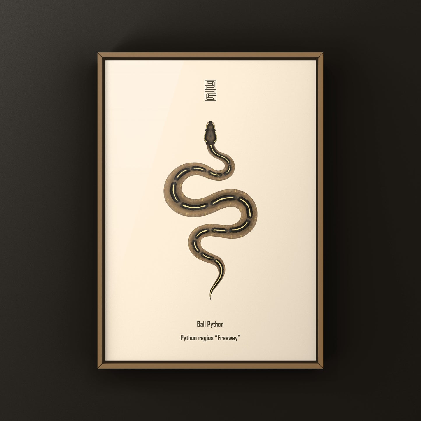 Colorful art print of a Freeway Ball Python (Python regius) by The Silk Ranch, showcasing vibrant snake illustrations.