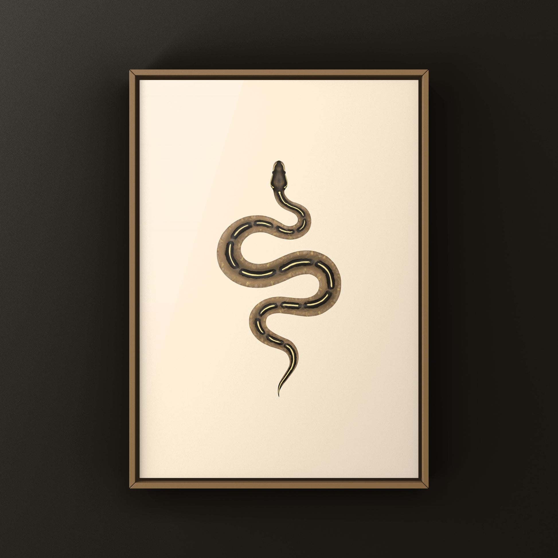 Colorful art print of a Freeway Ball Python (Python regius) by The Silk Ranch, showcasing detailed reptile illustrations.