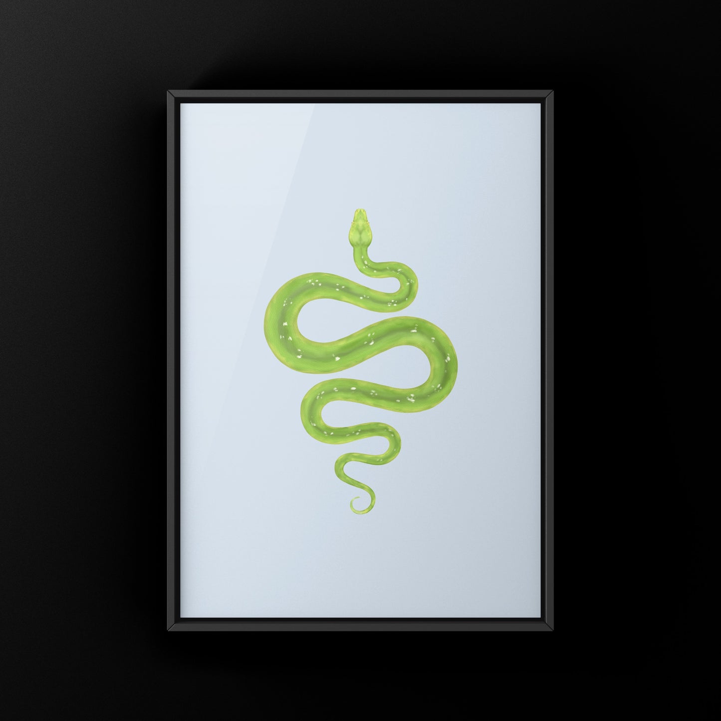 Green Tree Python art print by The Silk Ranch, featuring vibrant green snake artwork on high-quality paper.