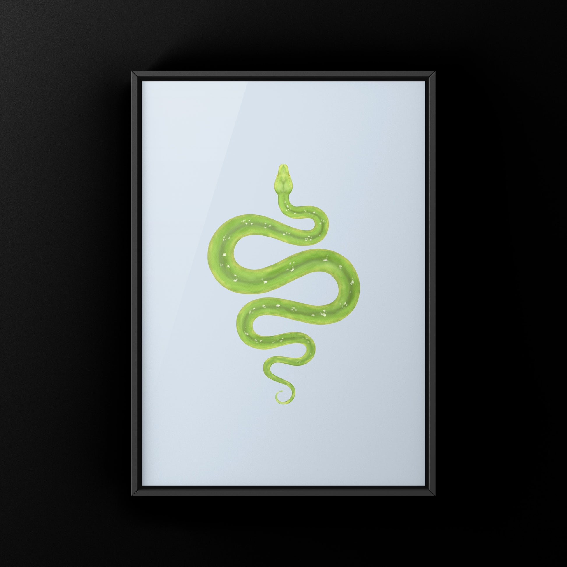 Green Tree Python art print by The Silk Ranch, featuring vibrant green snake artwork on high-quality paper.