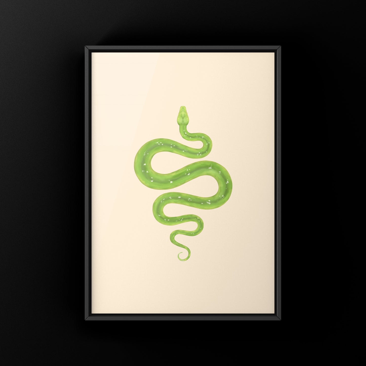 Green Tree Python art print by The Silk Ranch showcasing vibrant green and blue scales on a realistic reptile illustration.