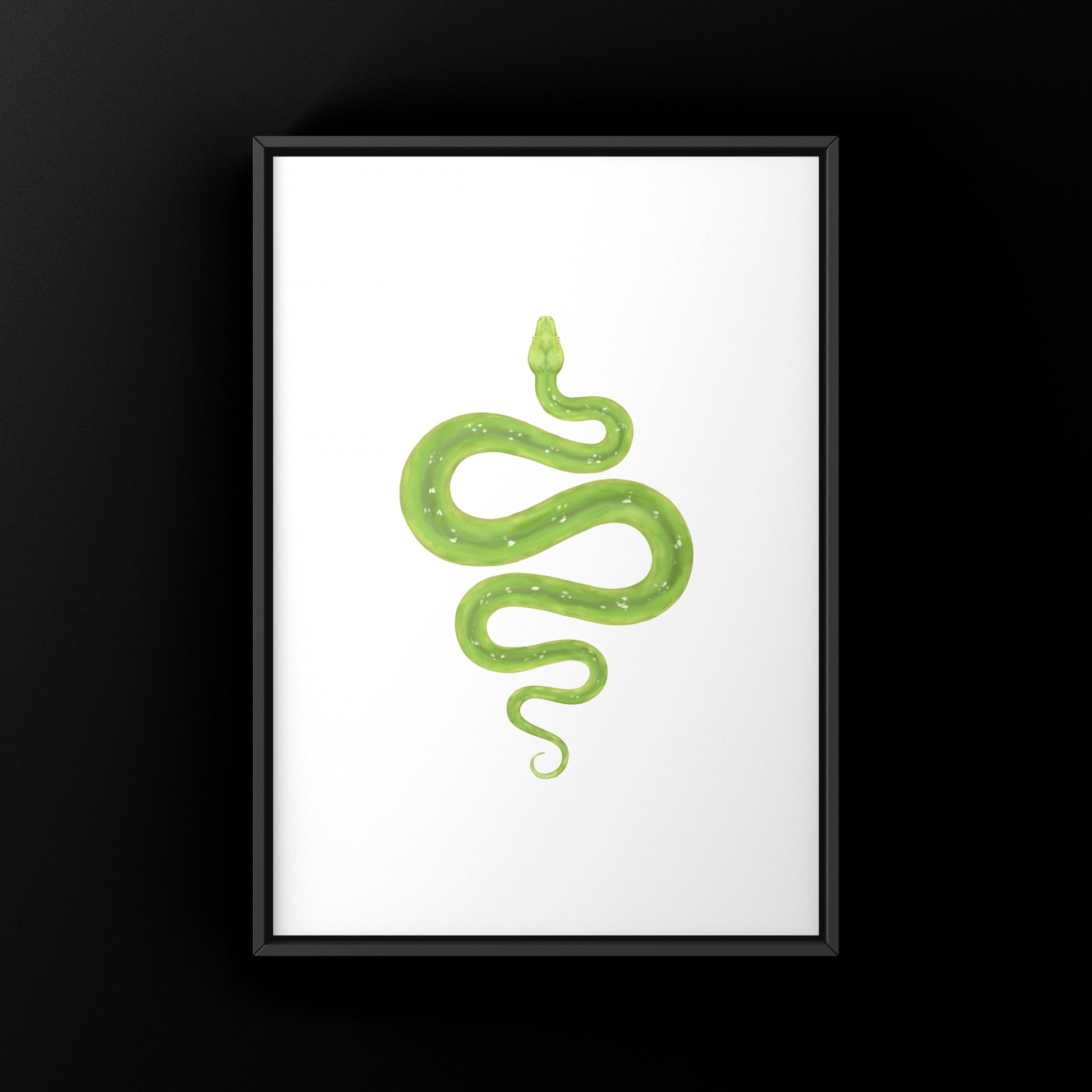 Green Tree Python art print by The Silk Ranch showing a vibrant green snake coiled on a branch, detailed and colorful illustration.
