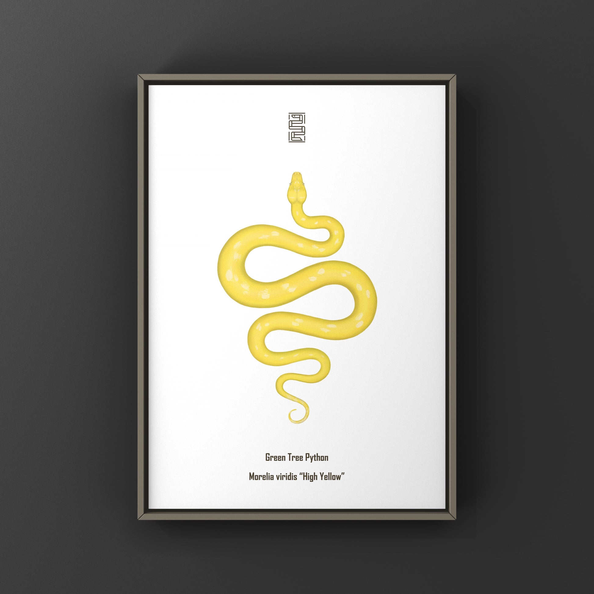 High Yellow Green Tree Python art print showcasing a vibrant Morelia viridis snake on a natural background.